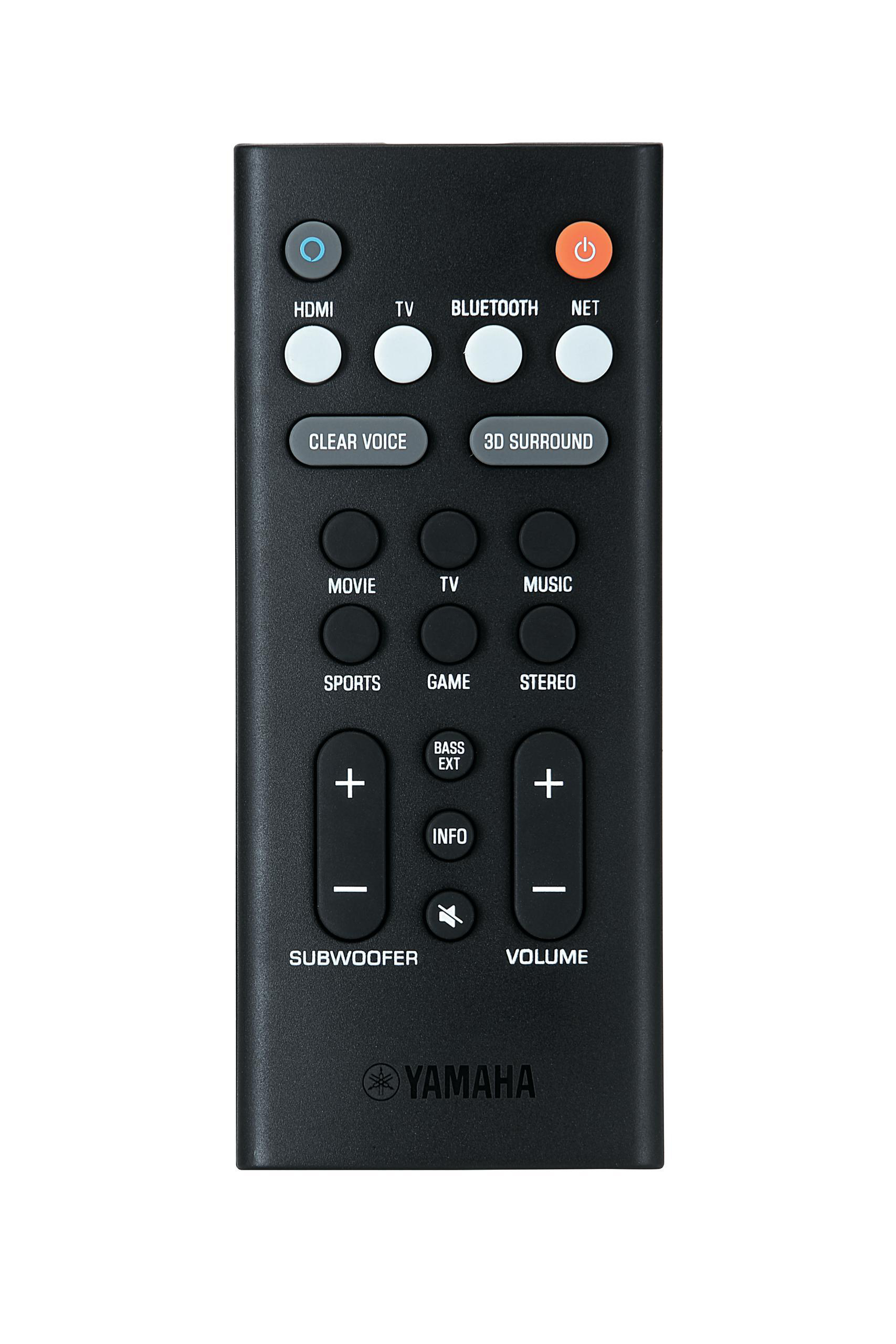 Schwarze Yamaha Soundbar-Fernbedienung mit verschiedenen beschrifteten Tasten. Weißer Hintergrund.