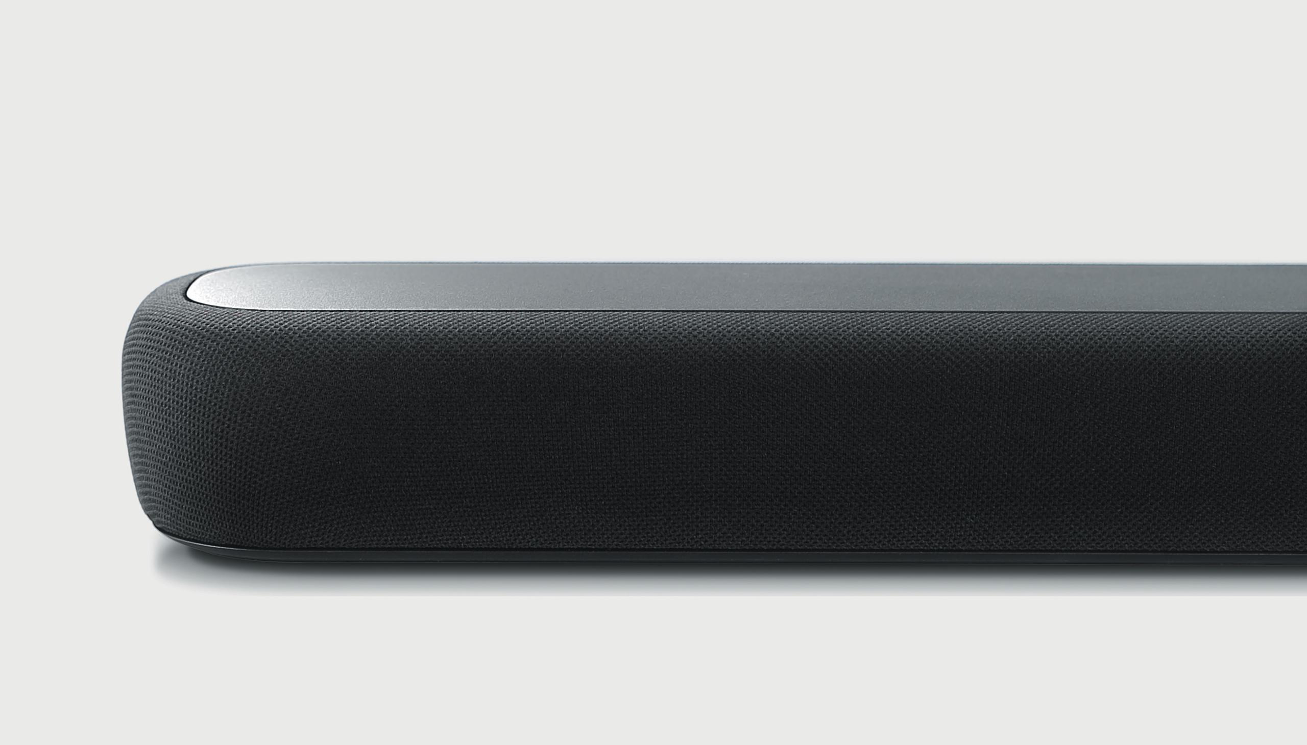 Schwarze Soundbar auf weißem Hintergrund. Nahaufnahme.