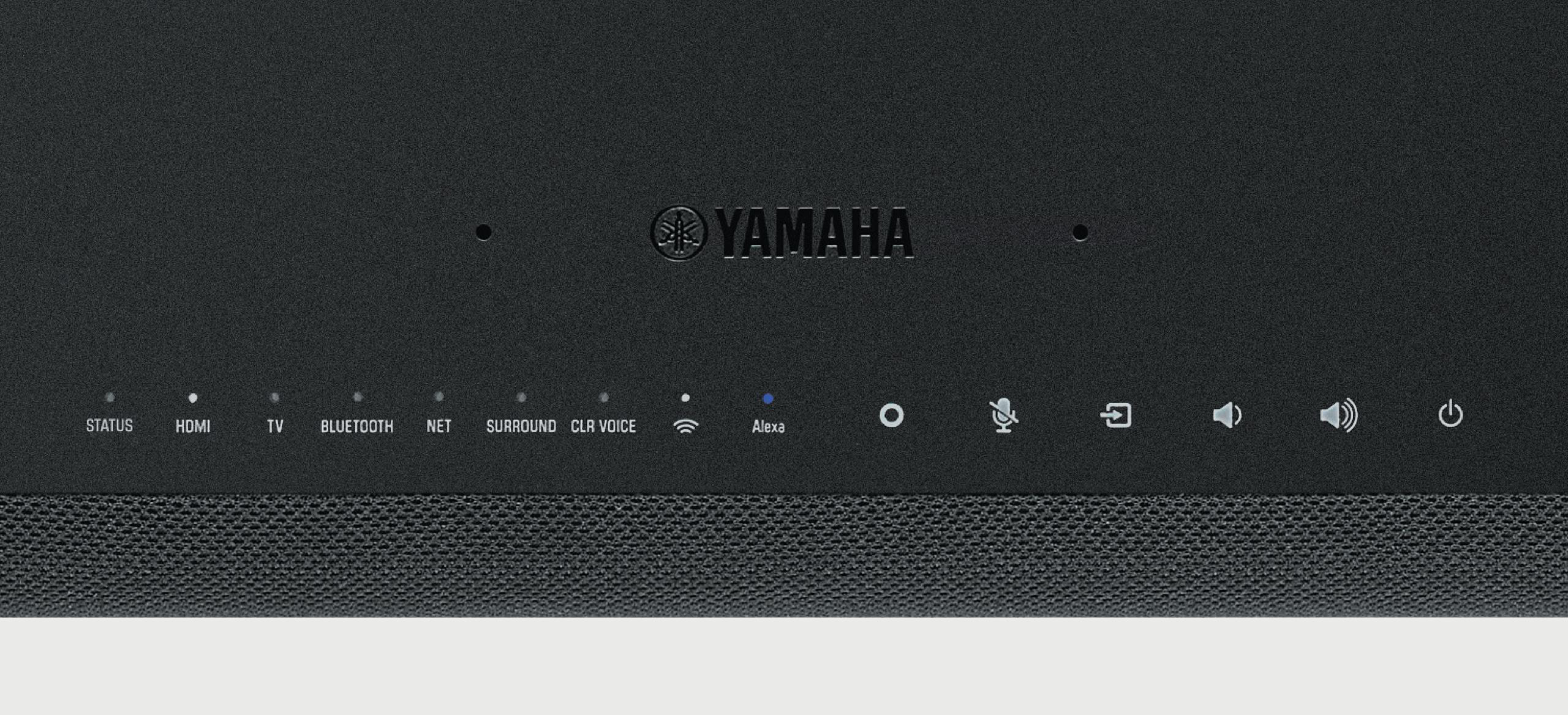 Schwarze Soundbar mit YAMAHA-Logo und Bedienknöpfen.