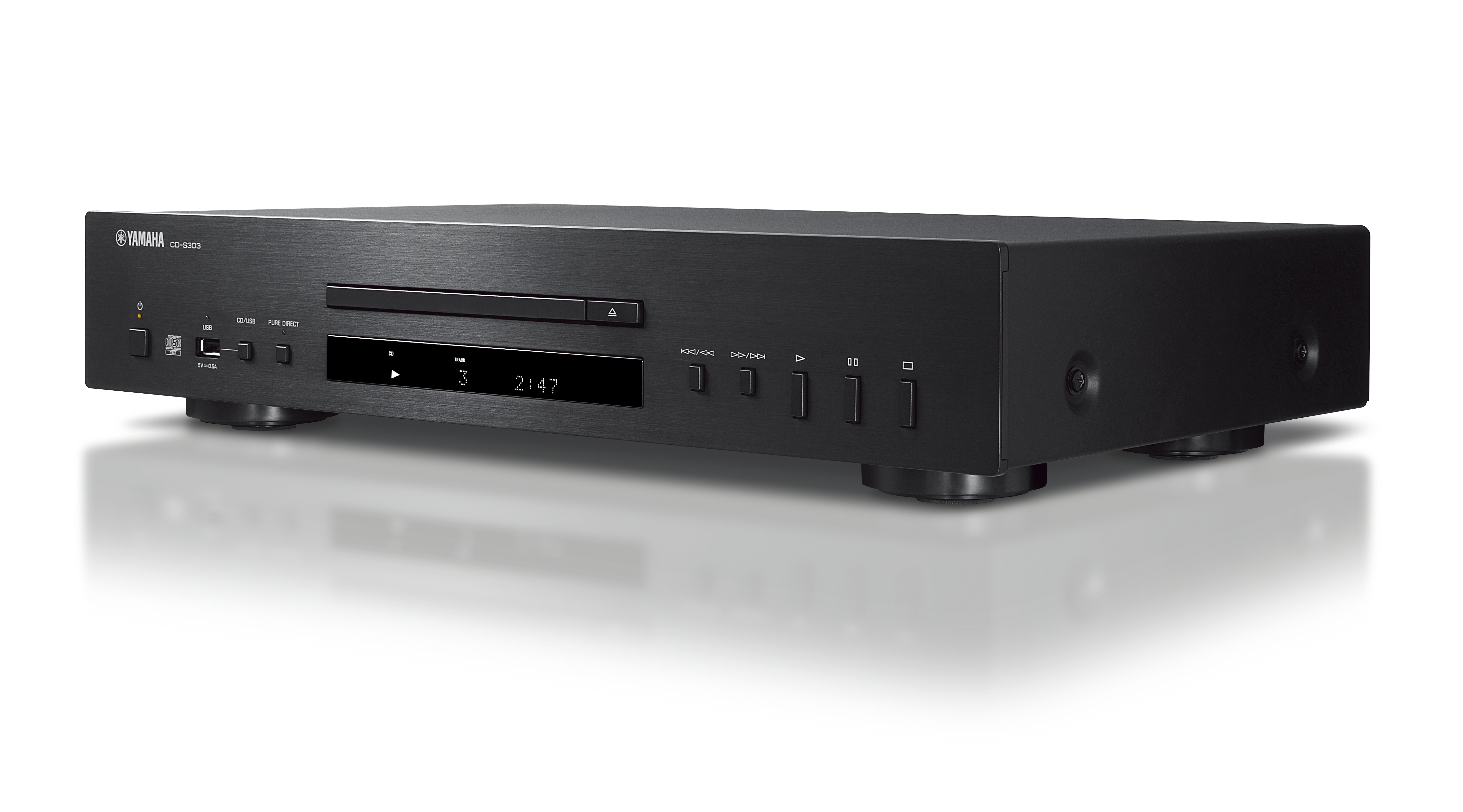 Ein schwarzer Yamaha CD-S303 CD-Player. Er hat ein Display, das Titel und Zeit anzeigt, mit Bedienelementen.