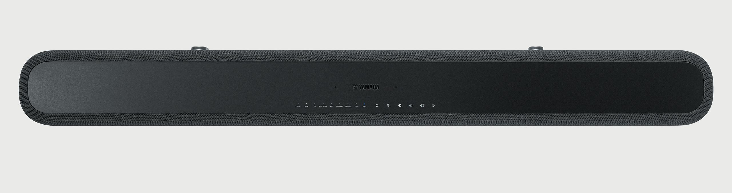 Schwarze Yamaha Soundbar, längliche Form, mit Yamaha-Logo und Bedienelementen.