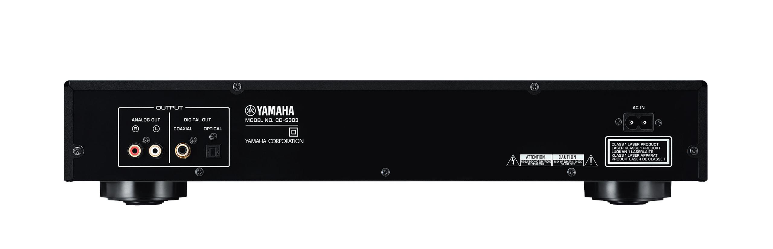 Die Rückseite eines schwarzen Yamaha CD-Players mit verschiedenen Ein-/Ausgängen und Beschriftungen.