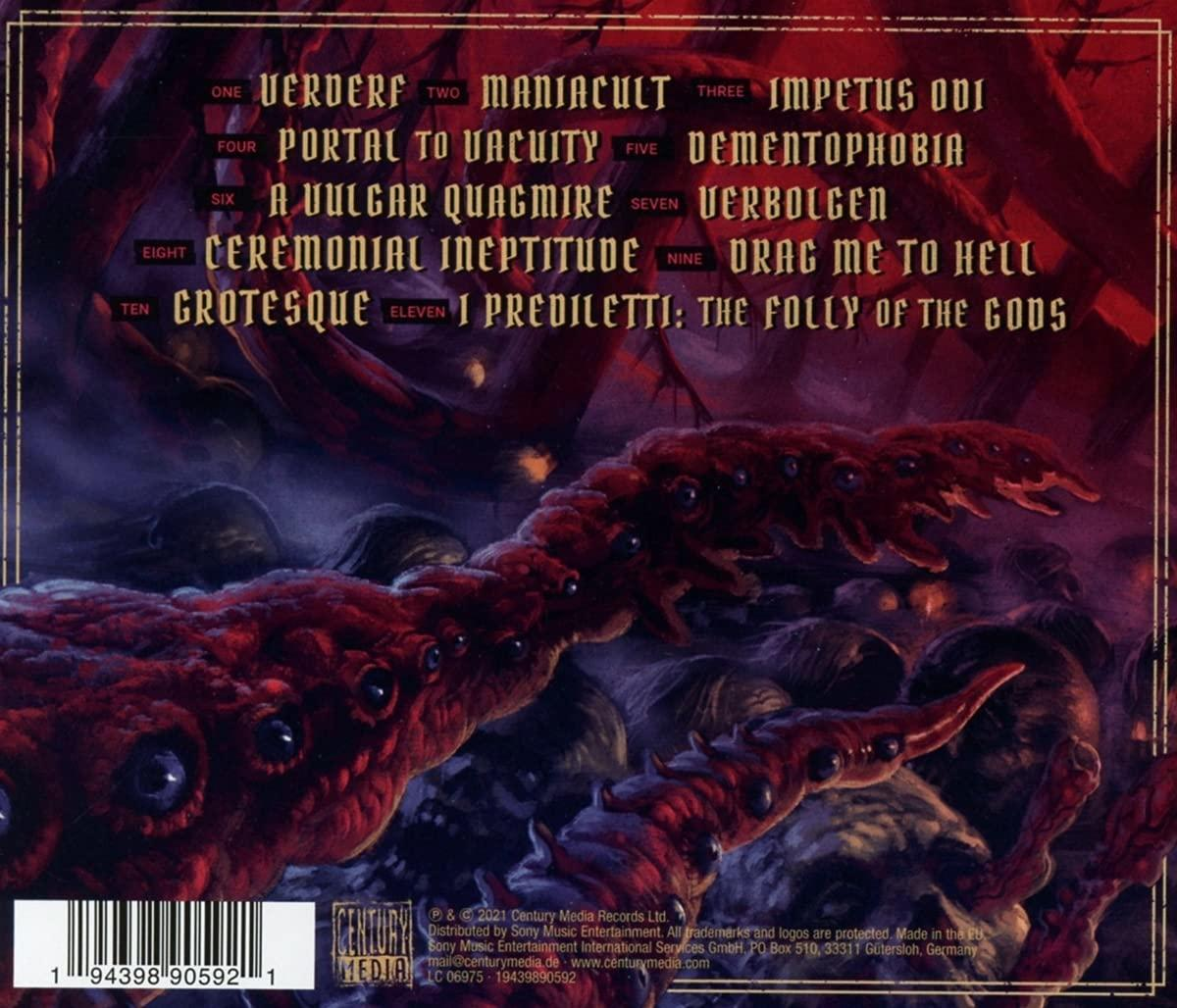 Albumcover-Artwork. Rote, organische Formen und schwarzer Text auf dunklem Hintergrund. Songtitel sind aufgelistet.