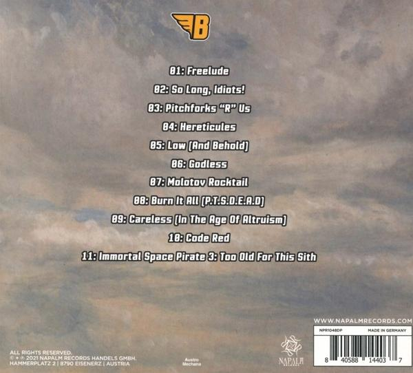 Albumcover mit Titelliste: Titel in weißem Text auf Schwarz, mit Logo oben.