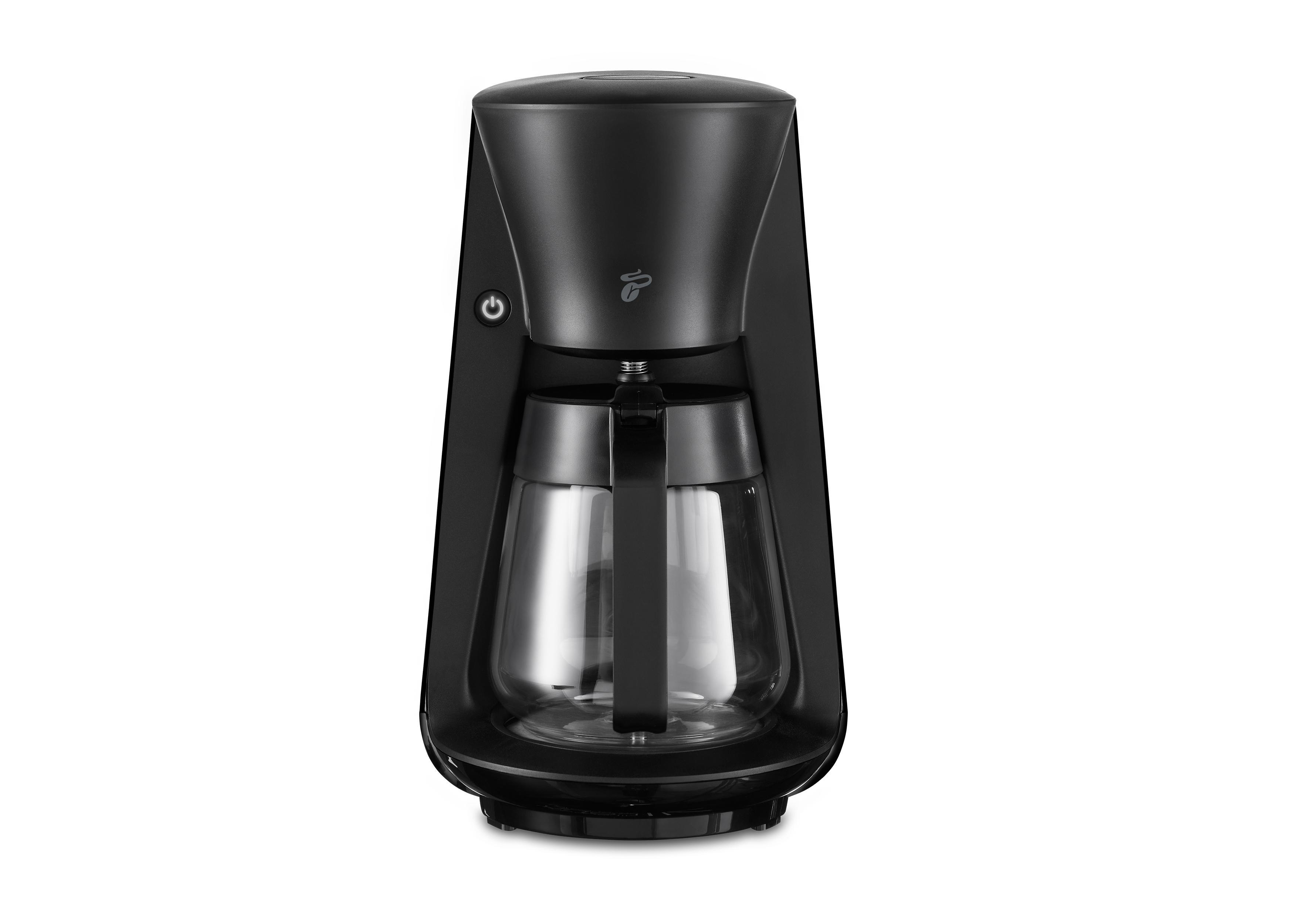 Eine schwarze Kaffeemaschine auf weißem Hintergrund, mit einer transparenten Karaffe.