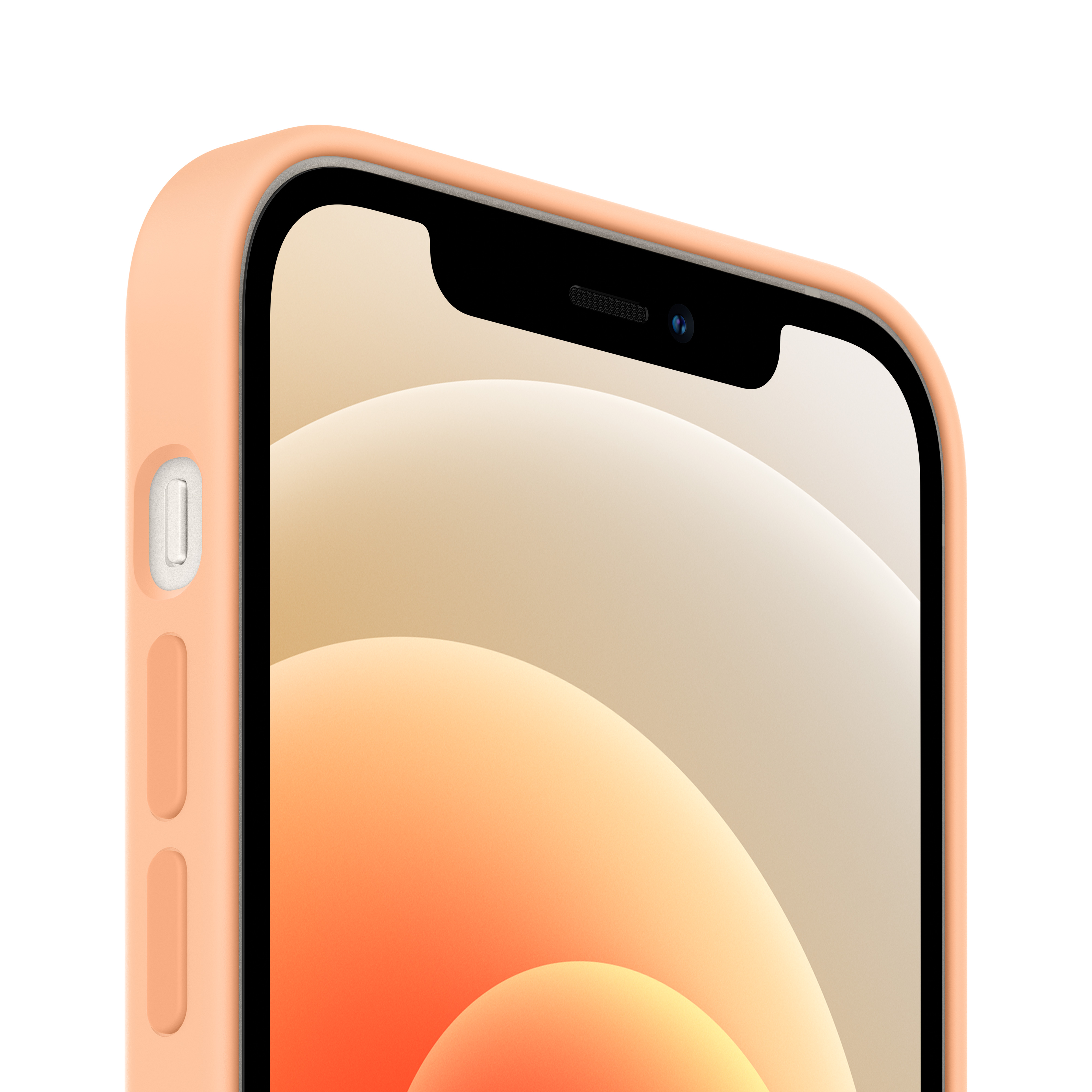Primer plano de un iPhone naranja con una muesca negra y fondo claro.