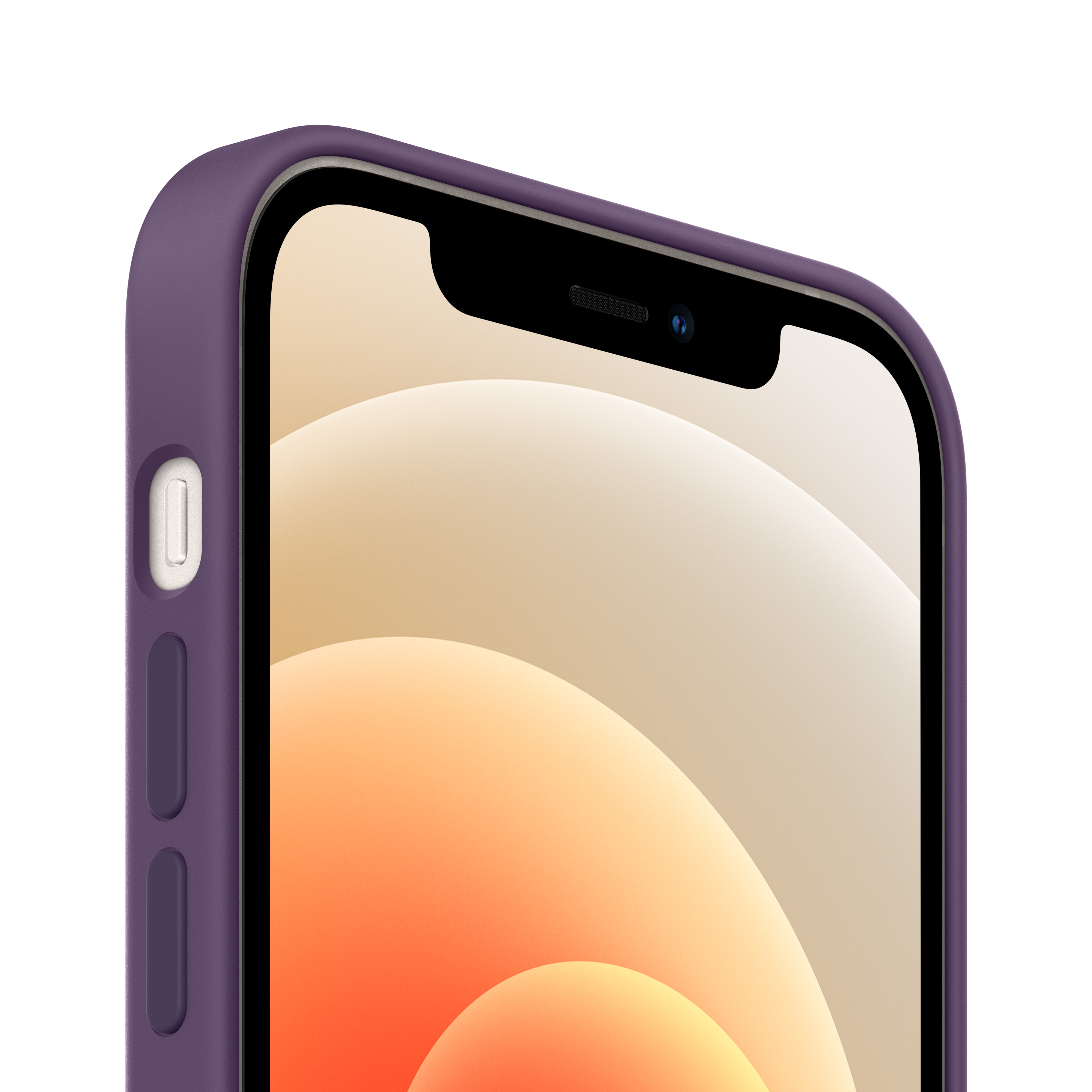 Primer plano de un iPhone morado con muesca. La pantalla muestra un degradado naranja.