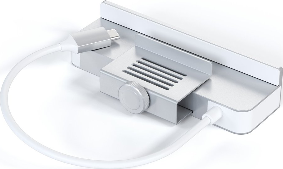 Silberne USB-C Dockingstation mit weißem Kabel.