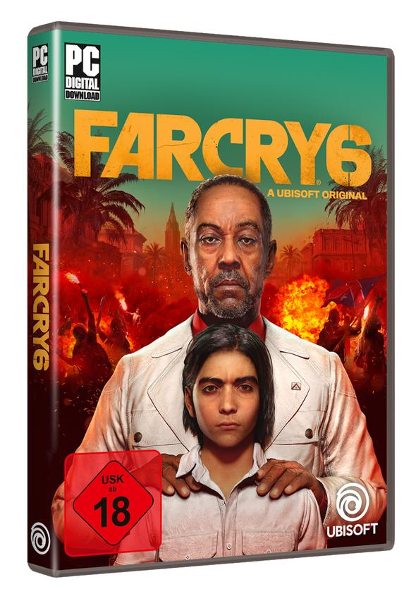 Far Cry 6-Spielbox-Art mit einem Mann und einem Jungen. Im Hintergrund sind Flammen und das Spiel-Logo sichtbar.