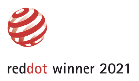 Red Dot Winner 2021 Logo: rote Kugel und schwarzer Text auf weißem Hintergrund.
