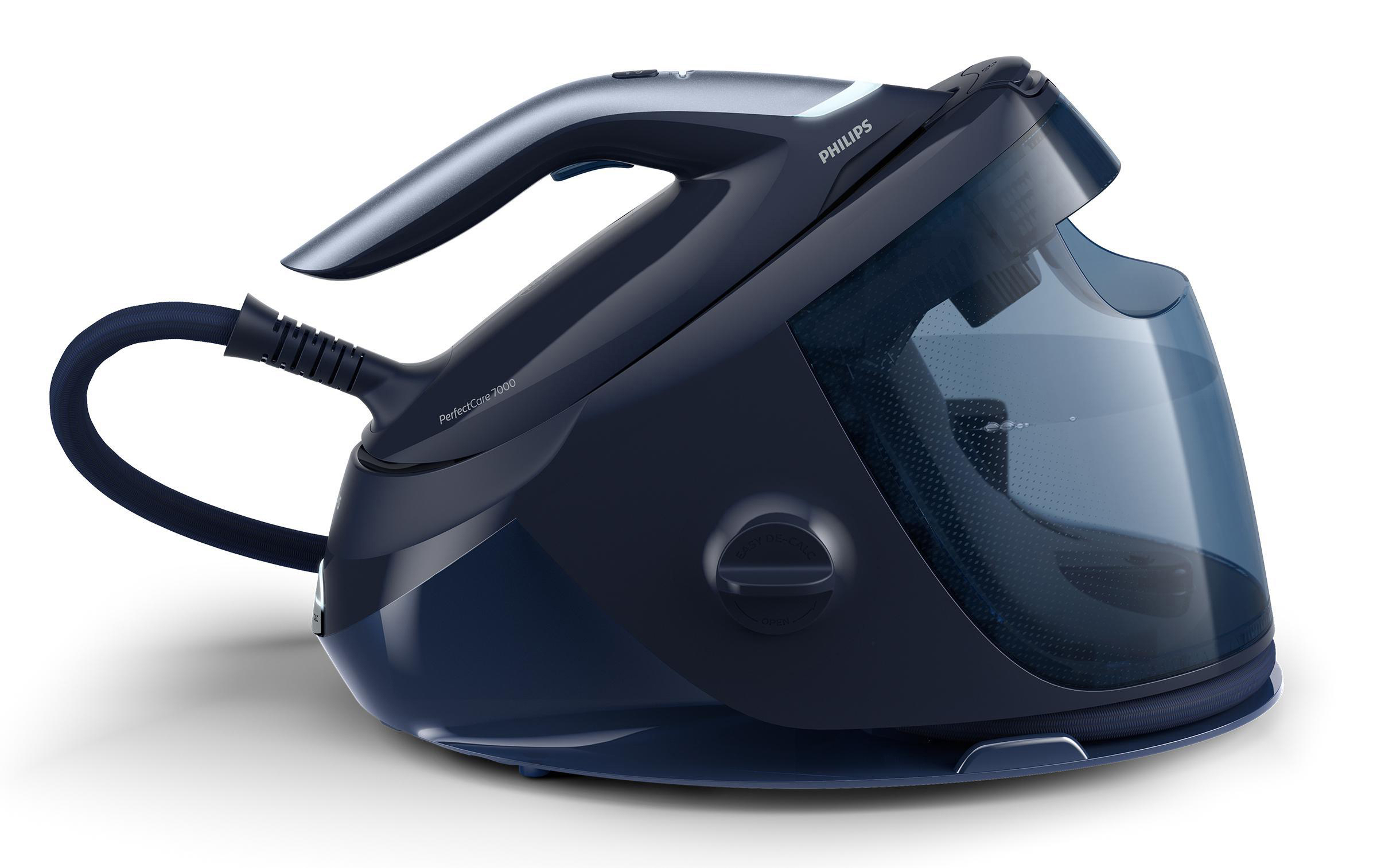 Ein marineblaues Philips PerfectCare 9000 Series Bügeleisen im Dampfgenerator-Design.