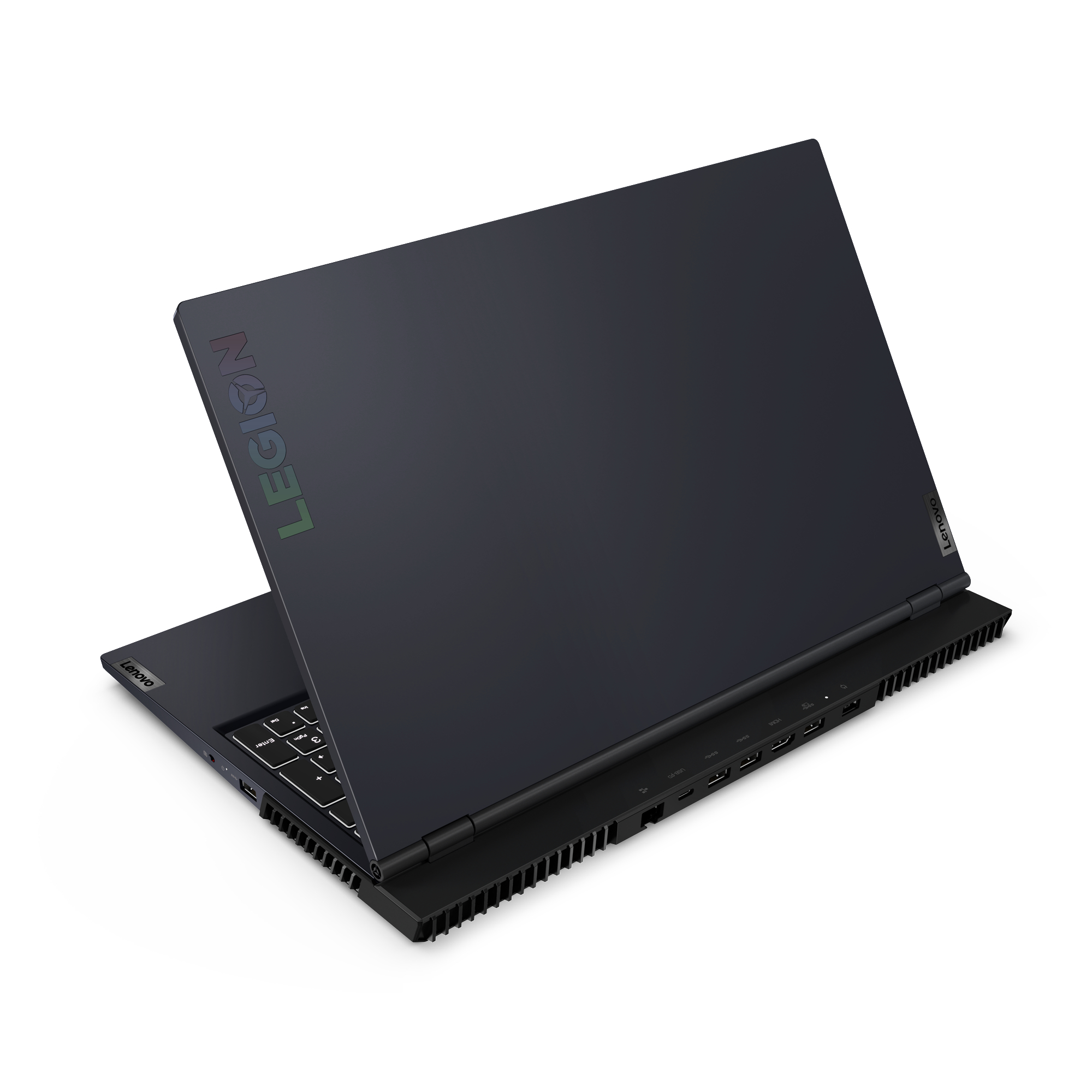 Ein dunkelblauer Lenovo Legion Laptop, geöffnet, um die Tastatur zu zeigen, auf weißem Untergrund.