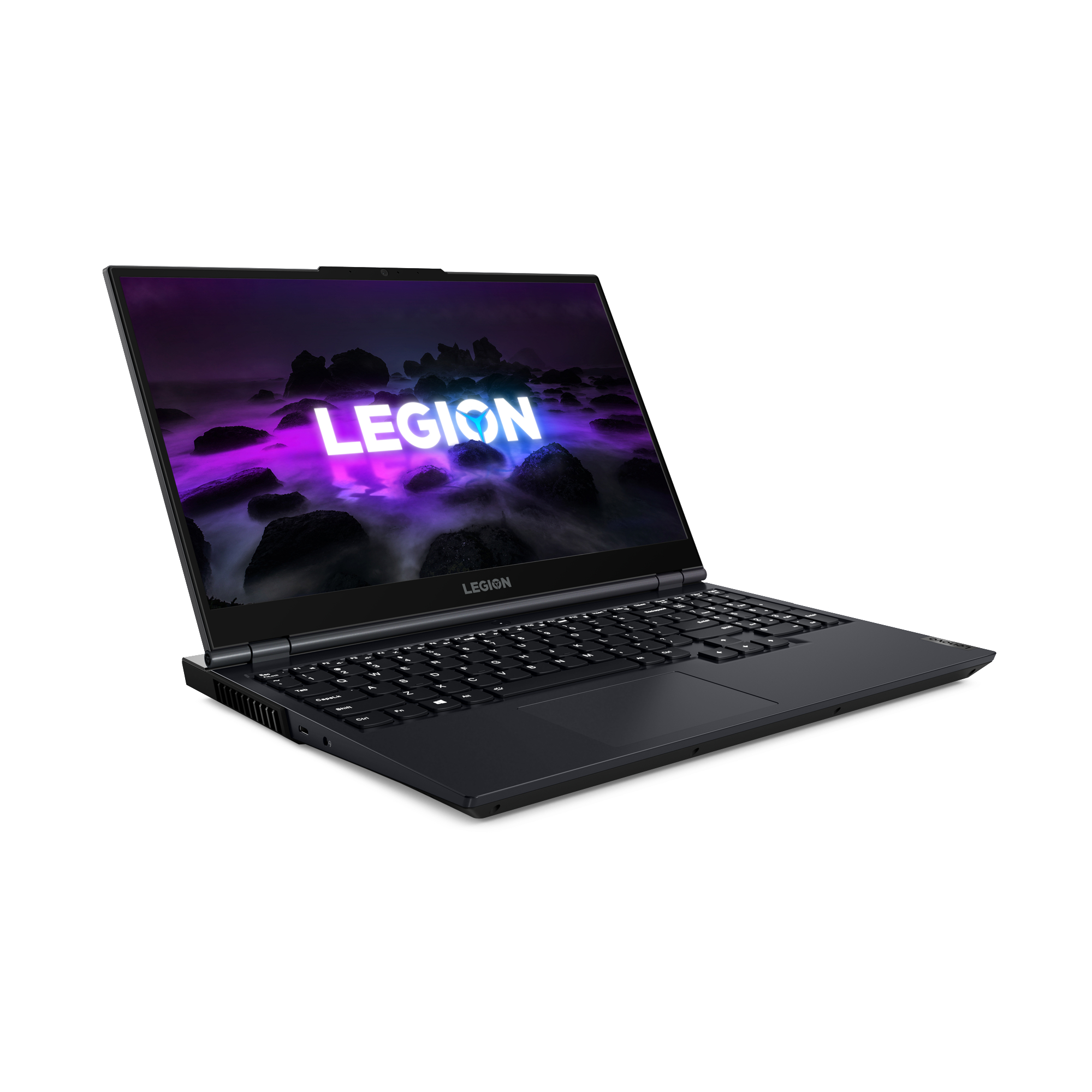 Legion Laptop, offen, mit einem Bildschirm, der eine lila Landschaft und das Legion-Logo zeigt.