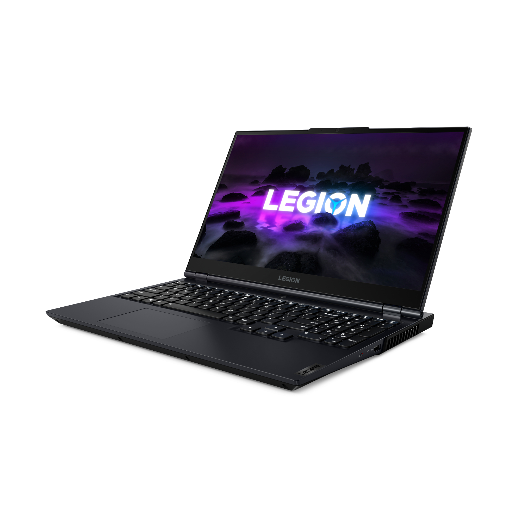 Schwarzer Lenovo Legion Laptop. Bildschirm zeigt 'LEGION'. Dunkler Hintergrund mit Felsen und Wasser.