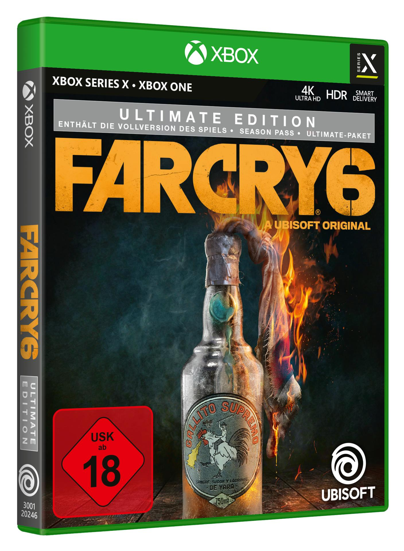 Far Cry 6 Spielbox. Zeigt eine Likörflasche mit Feuer im Hintergrund.