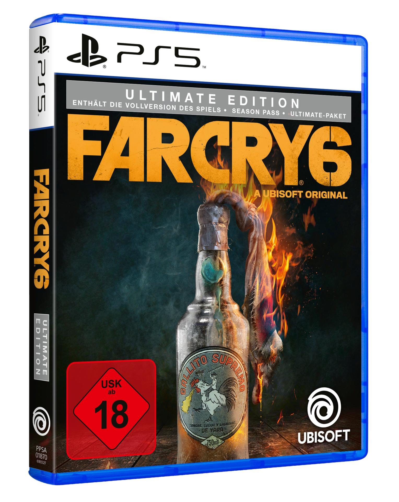 Far Cry 6 Ultimate Edition Spielbox. Zeigt einen brennenden Molotowcocktail und das PS5-Logo.
