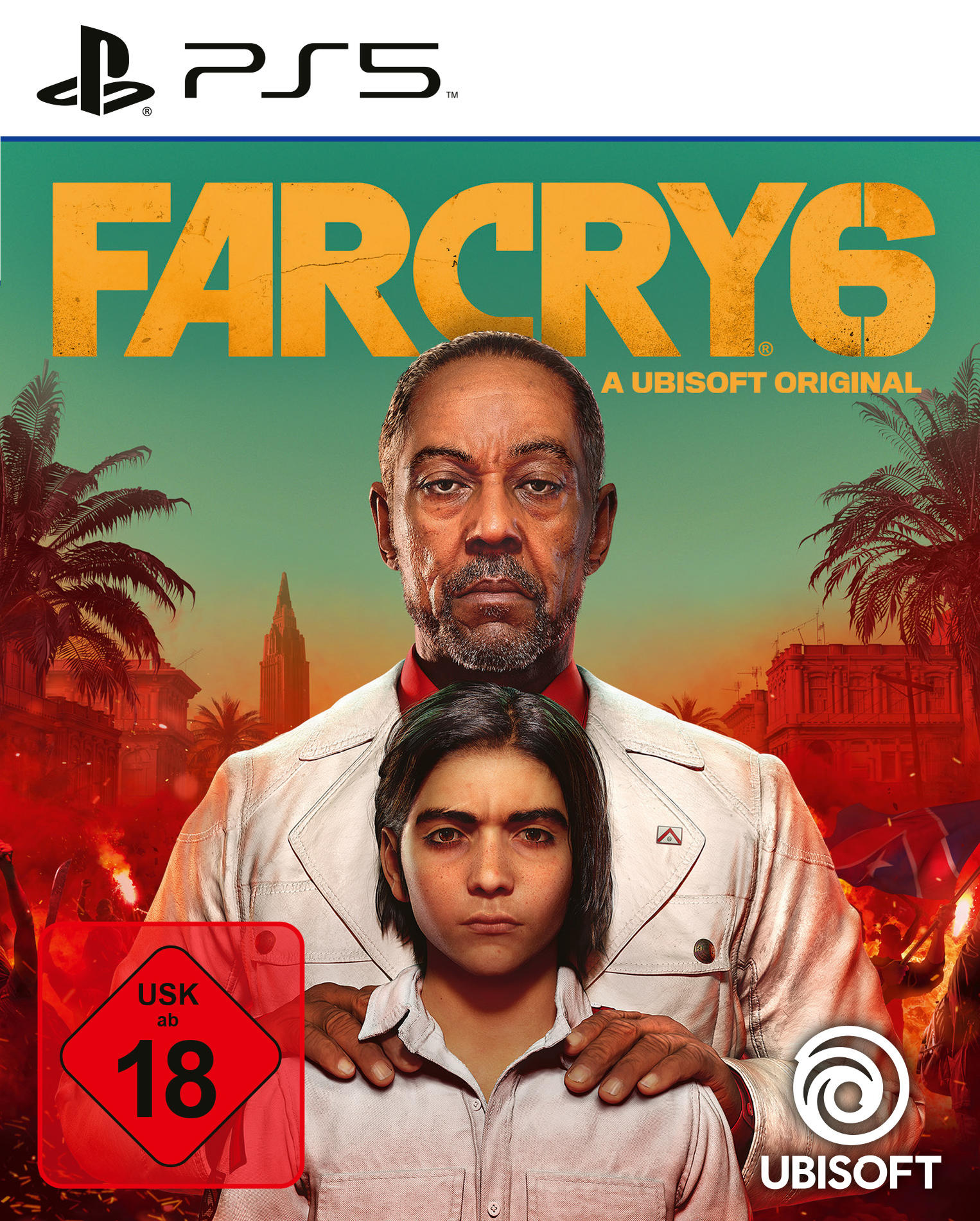 Far Cry 6 PS5-Spielcover: Mann und Junge schauen den Betrachter an. Logo und Altersfreigabe.