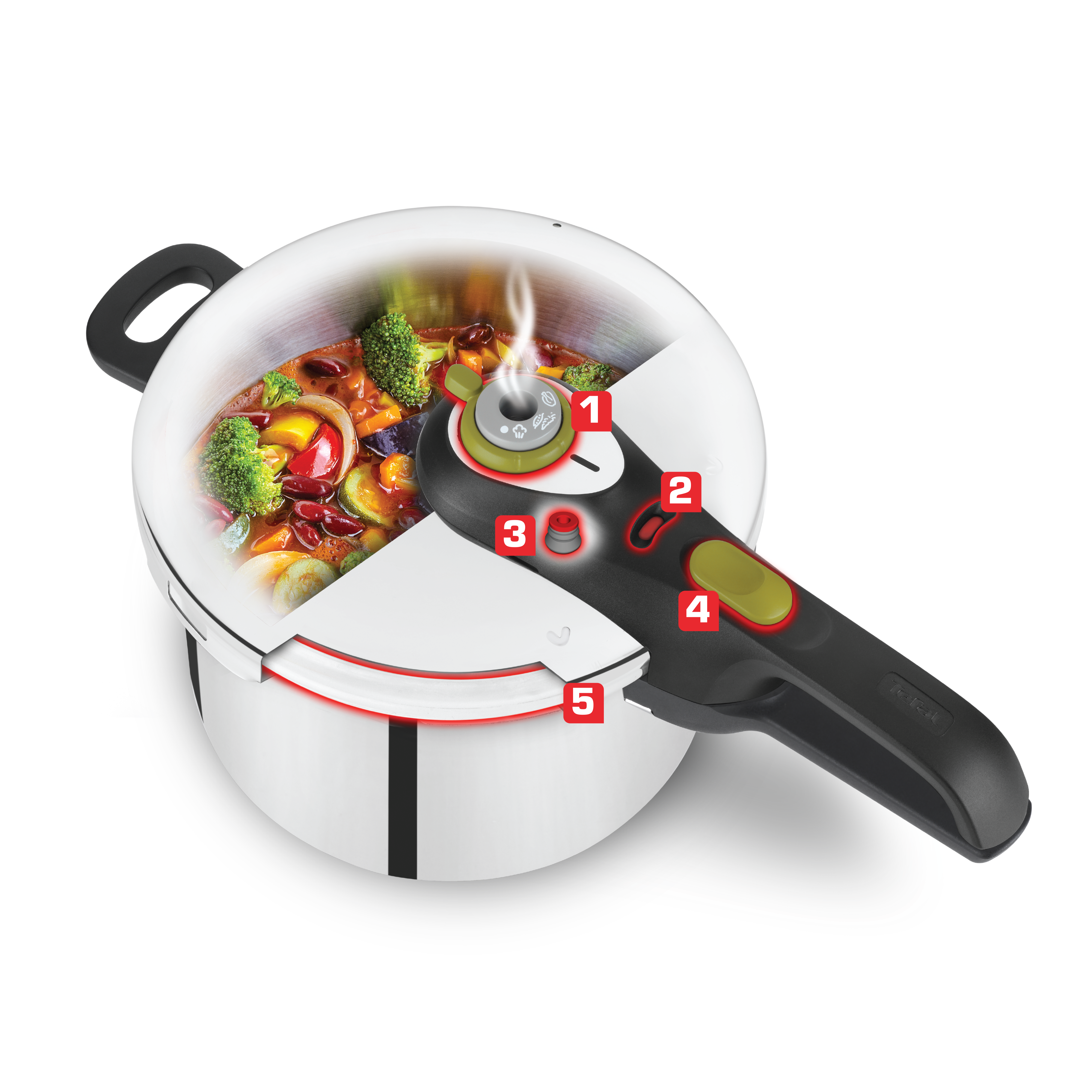Tefal gyorsfőző, benne étellel, a különböző részeket és azok funkcióit mutatja.