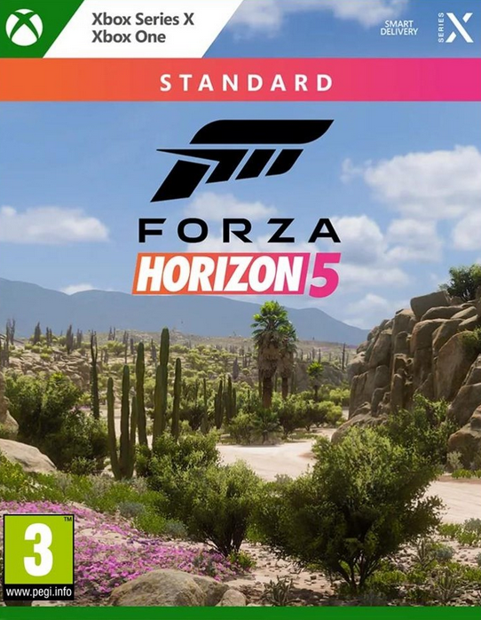 Forza Horizon 5-Spielcover mit Wüstenlandschaft, Kakteen und einem Auto. Der Himmel ist blau.