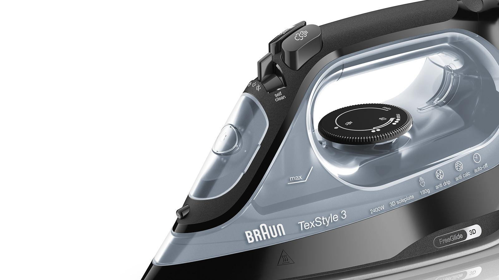 Schwarzes und graues Bügeleisen mit Bedienelementen. Markenname Braun. Weißer Hintergrund.