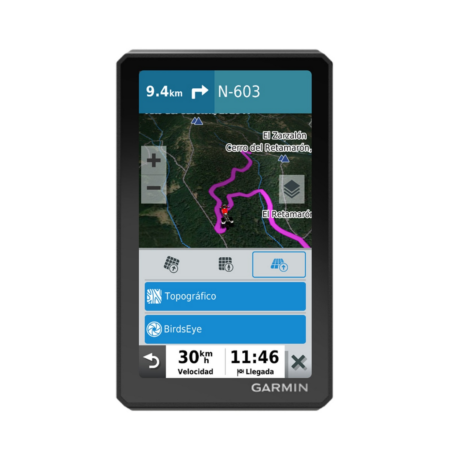 Un dispositivo GPS Garmin que muestra un mapa e información de navegación.