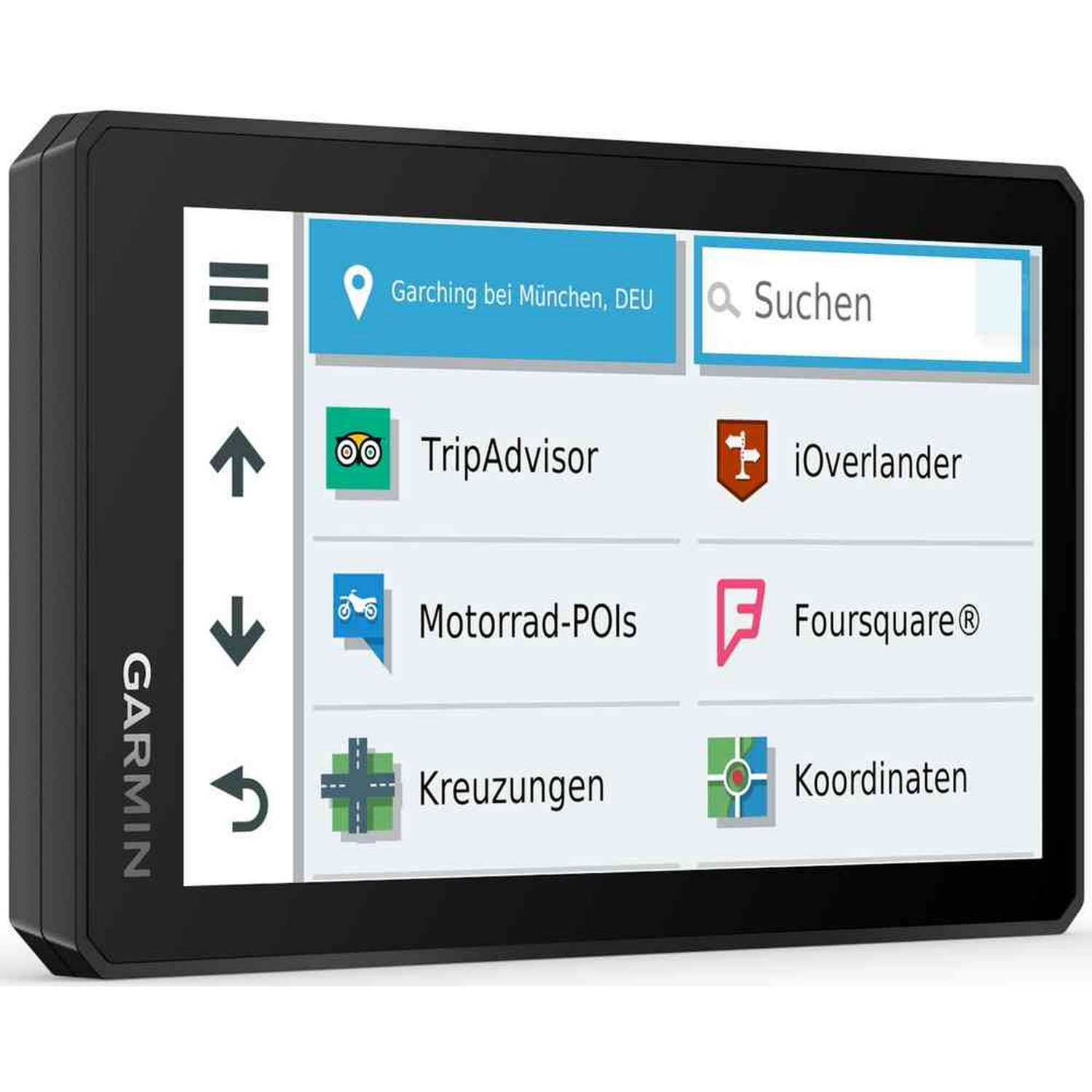 Dispositivo GPS negro con pantalla que muestra un mapa e iconos de aplicaciones. Marca Garmin.