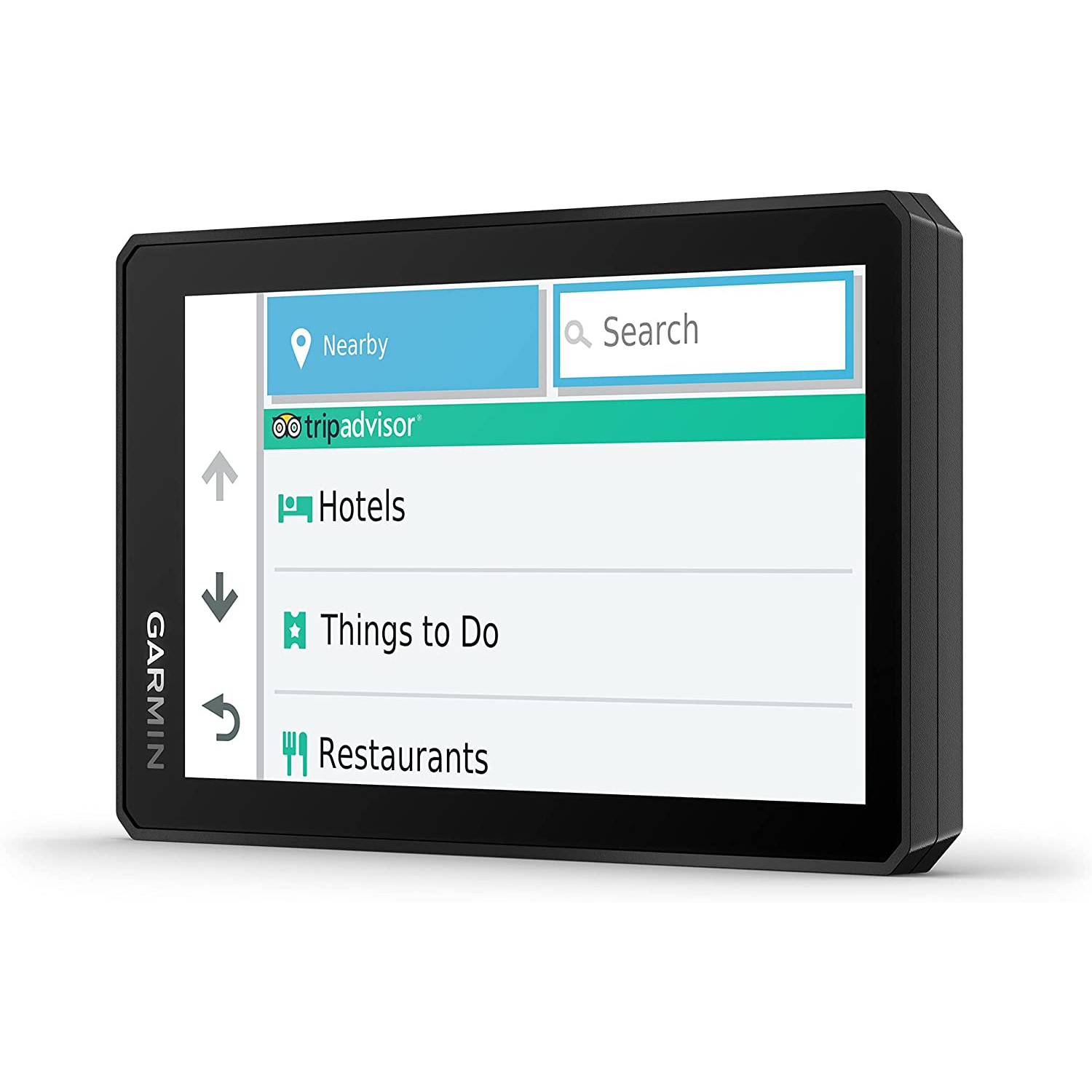 Pantalla de dispositivo GPS negro mostrando interfaz de navegación con opciones.