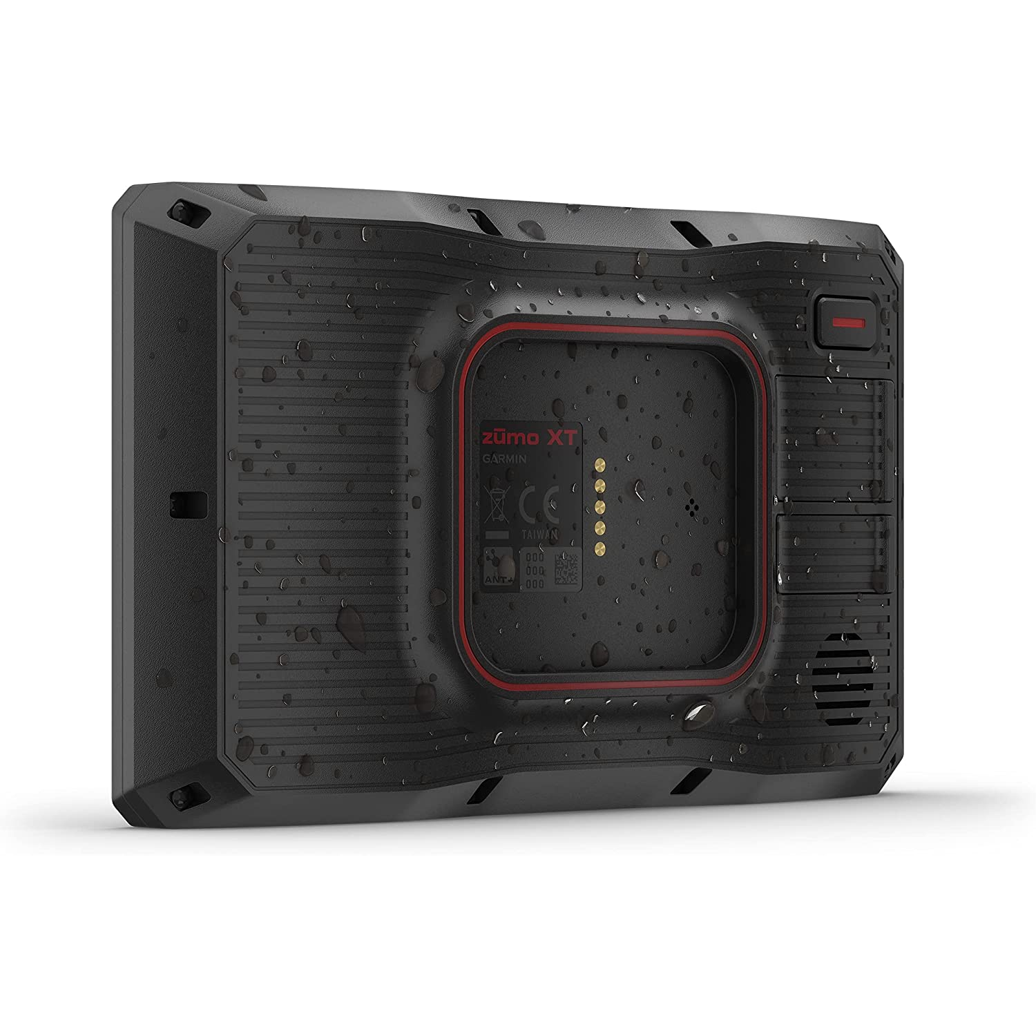Dispositivo GPS negro con detalles rojos y gotas de agua.