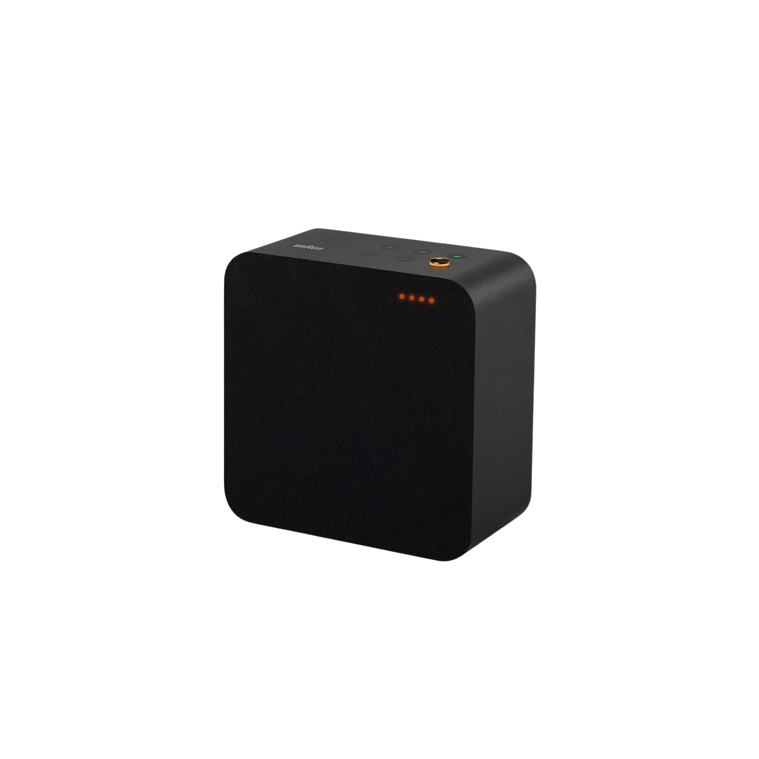 Un altavoz negro con una parte frontal de malla y botones en la parte superior, sobre una superficie negra.