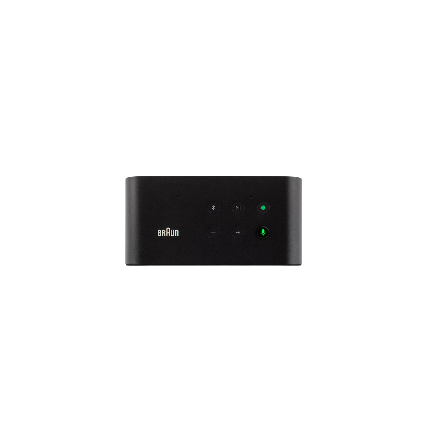 Altavoz negro con logotipo Braun y botones de control.
