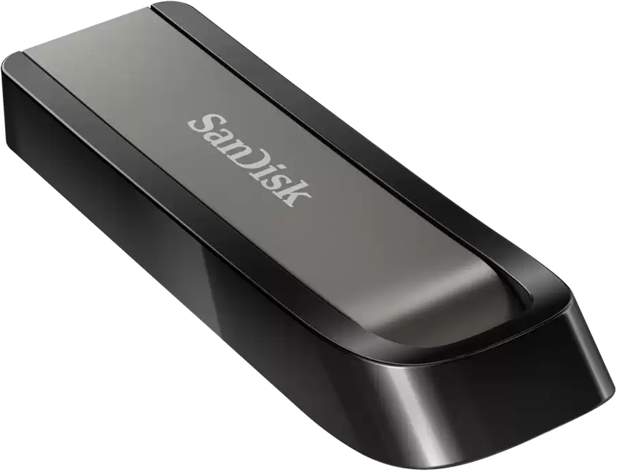 Ein Sandisk USB-Stick, dunkelgrau und schwarz, mit schlankem rechteckigem Design.