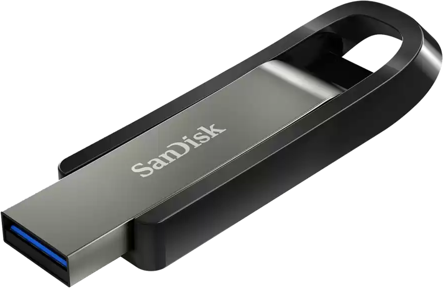 Schwarzer und silberner USB-Stick mit SanDisk-Logo.