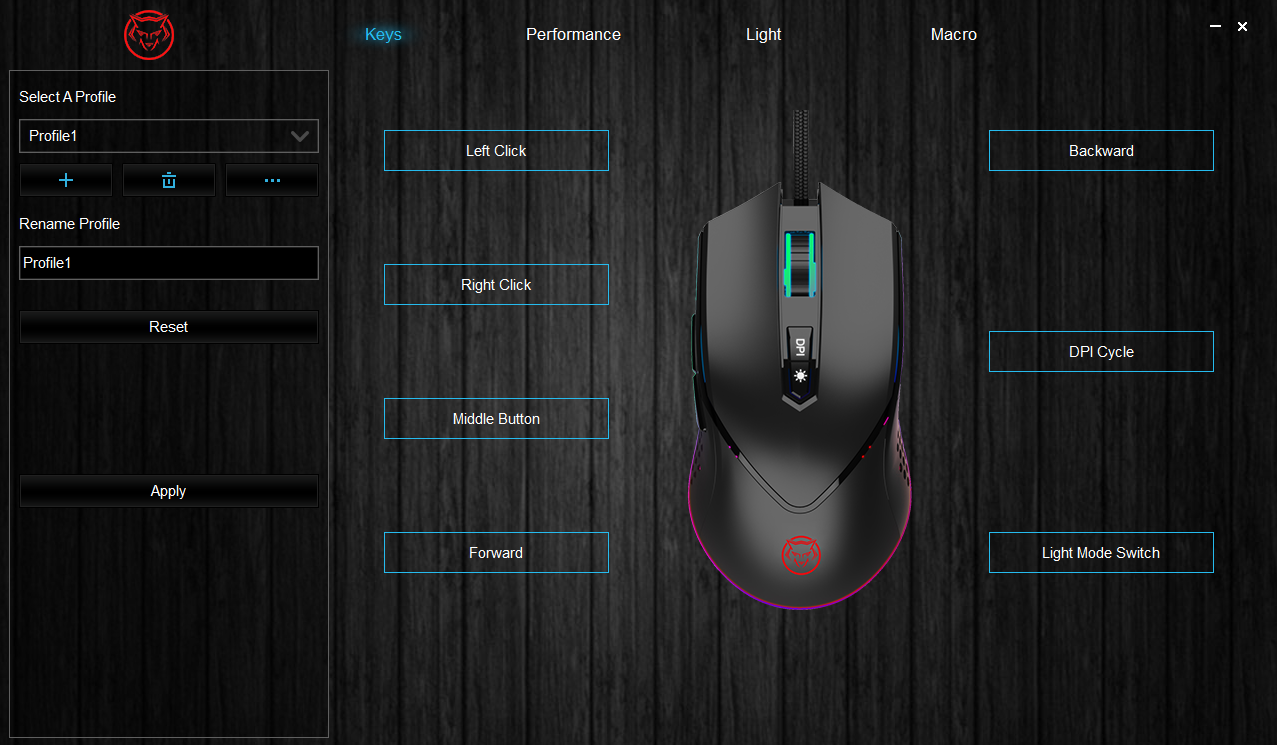Computer mouse software interface. Displays the mouse's programmable buttons and settings.