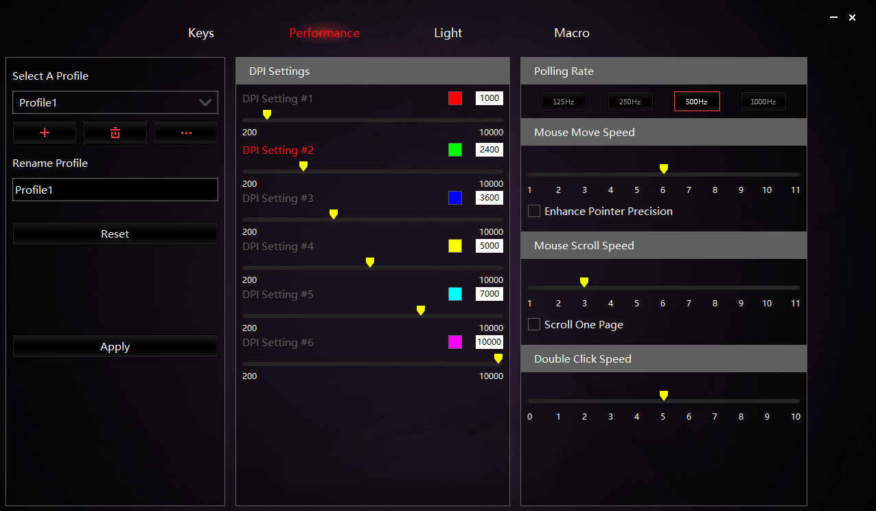 A computer screen showing mouse settings with DPI, sensitivity, and polling rate options.