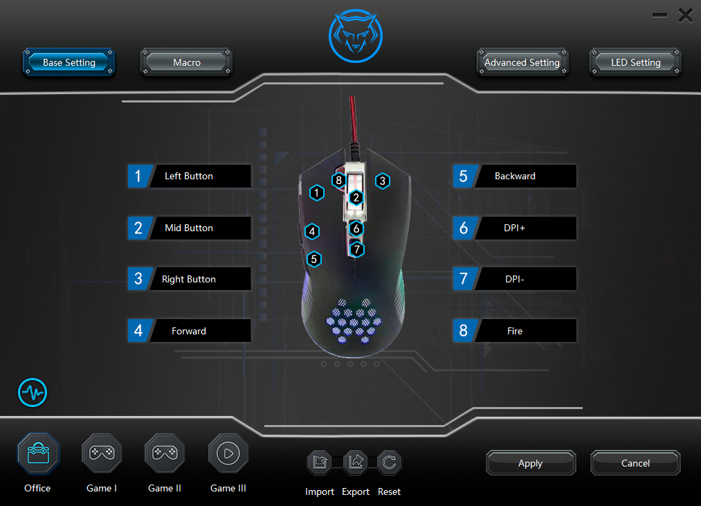 Software-interface voor een gamingmuis. Toont knoppen en instellingen voor aanpassing.