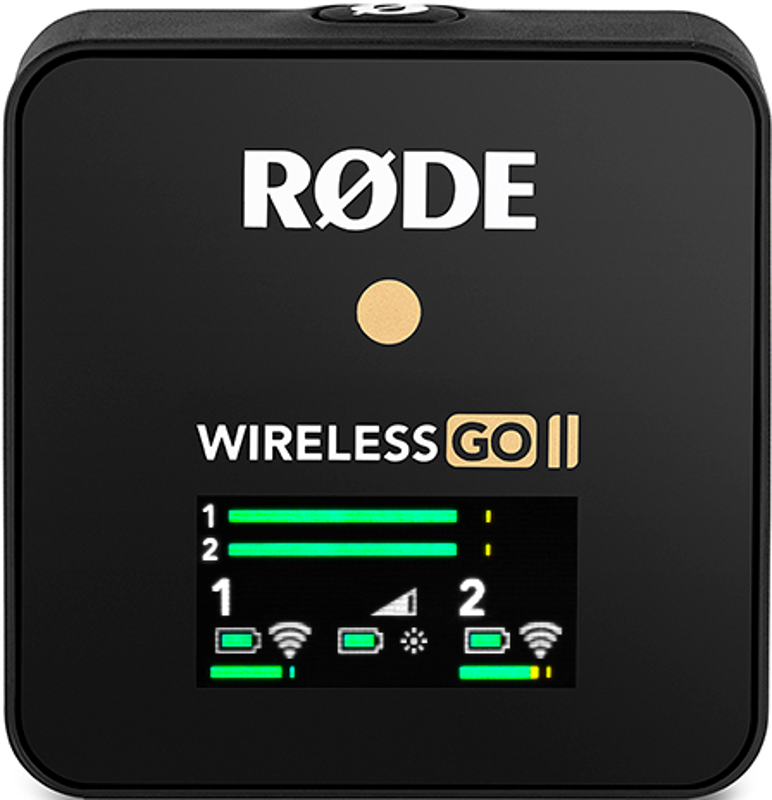 Schwarzes RØDE Wireless GO II Gerät, Bildschirm zeigt Akku und Signal.