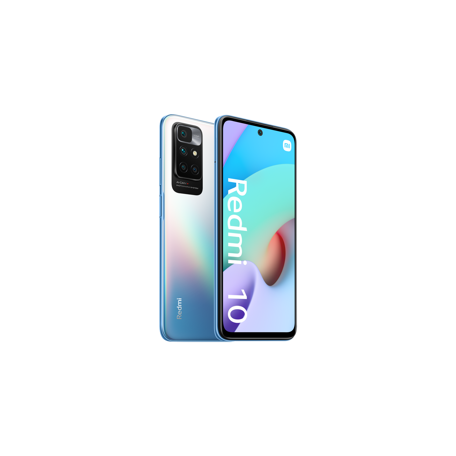 Un teléfono Redmi 10 azul y blanco, mostrando la parte delantera y trasera, sobre un fondo blanco.