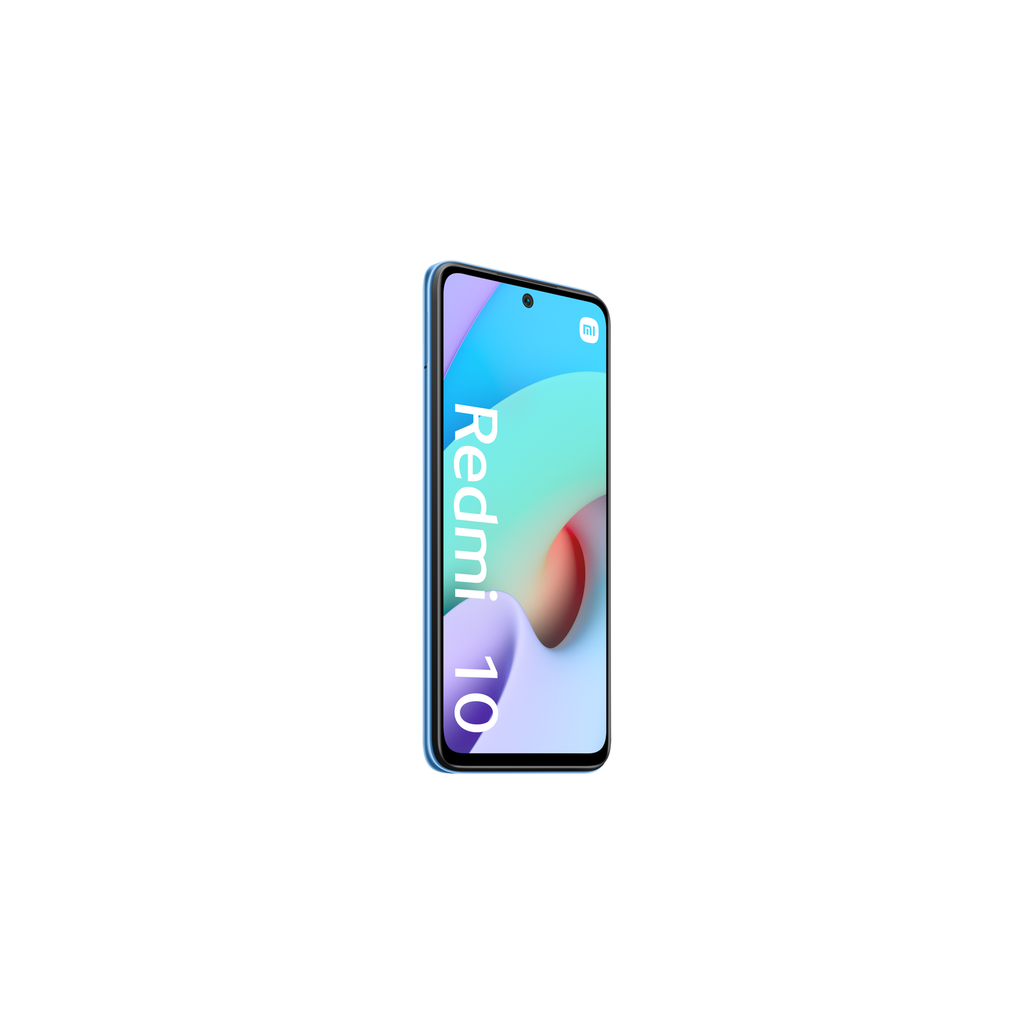 Smartphone Redmi 10 con marco azul y pantalla colorida, sobre un fondo blanco.