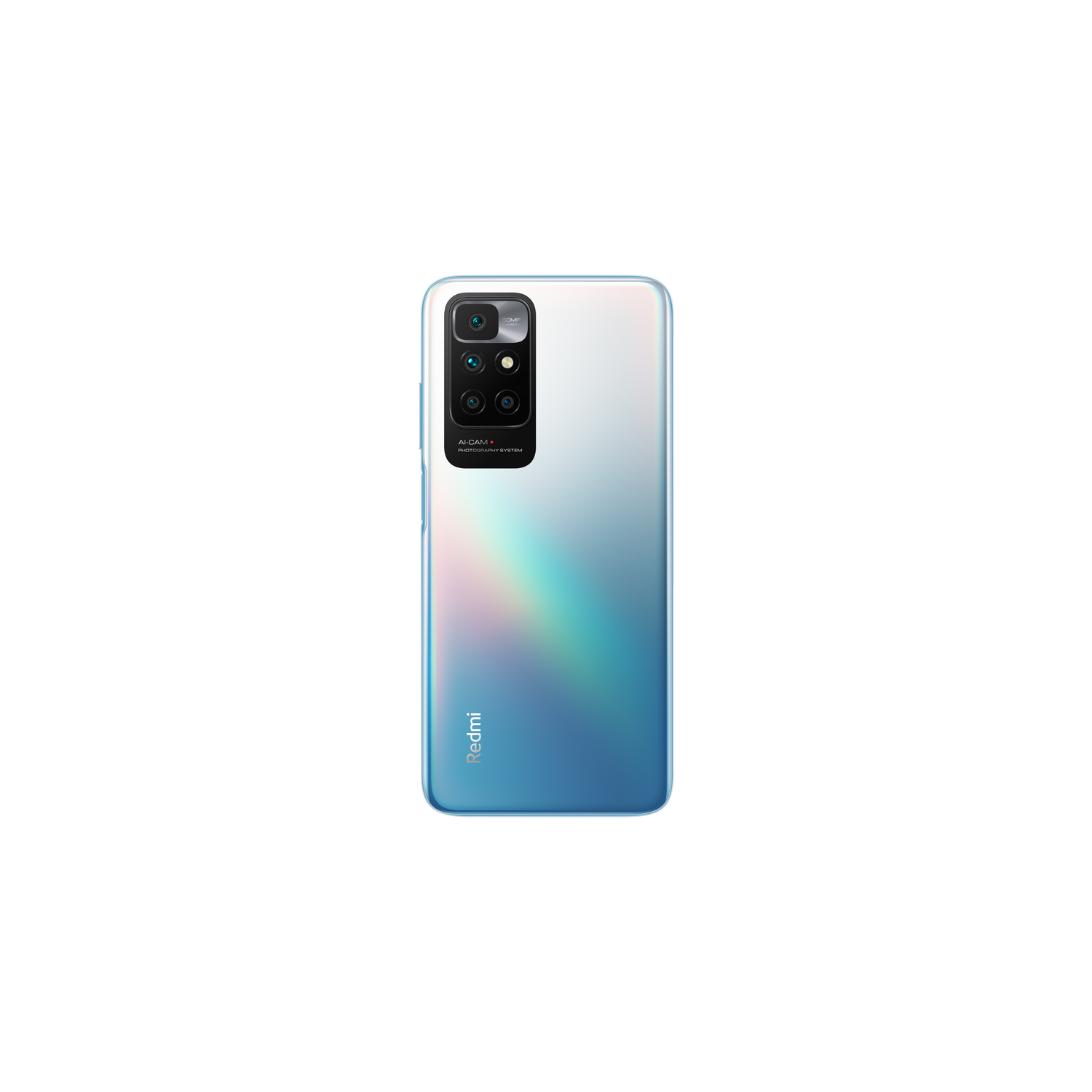 Teléfono Redmi, parte trasera azul claro con cámara, protuberancia negra de la cámara, logo blanco.