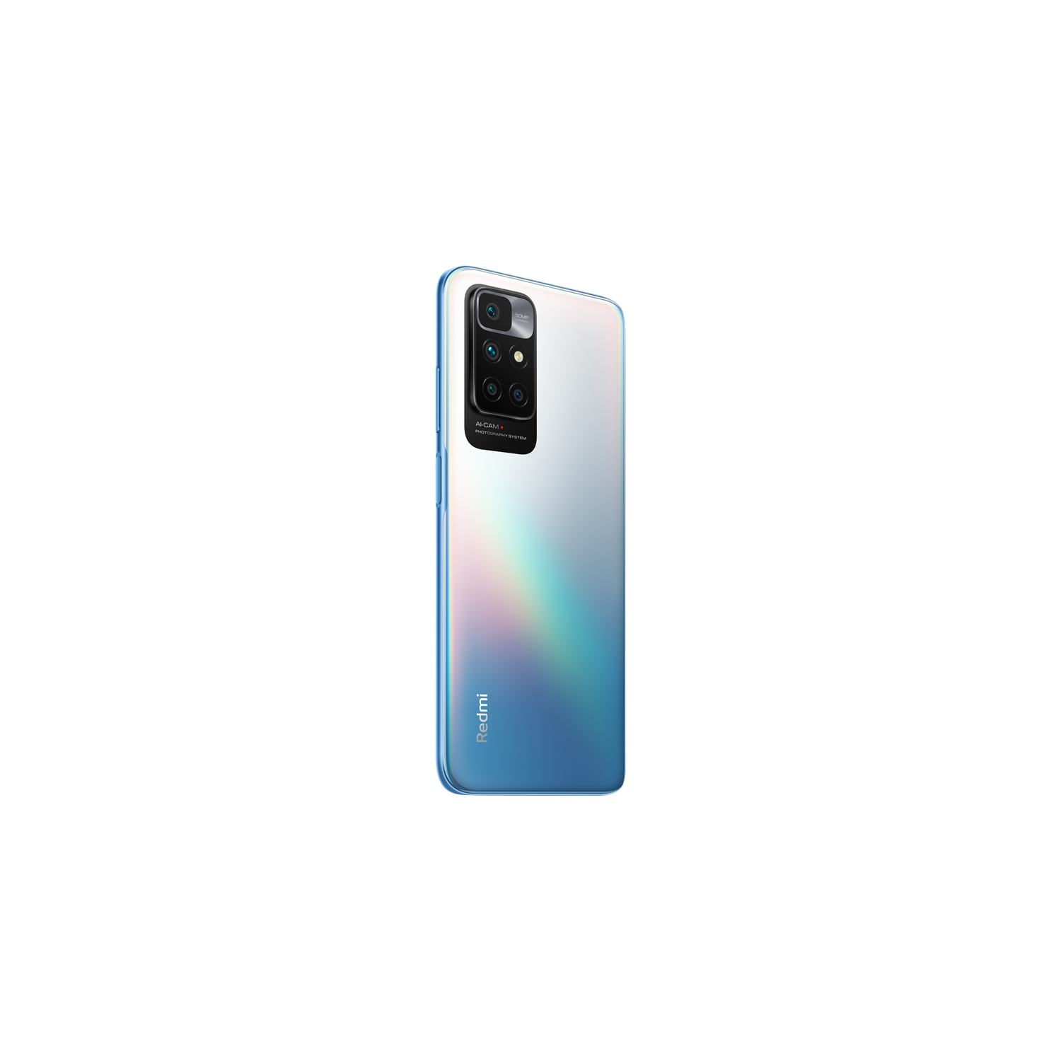 Parte trasera de un teléfono Redmi azul y blanco. El teléfono tiene varias cámaras.