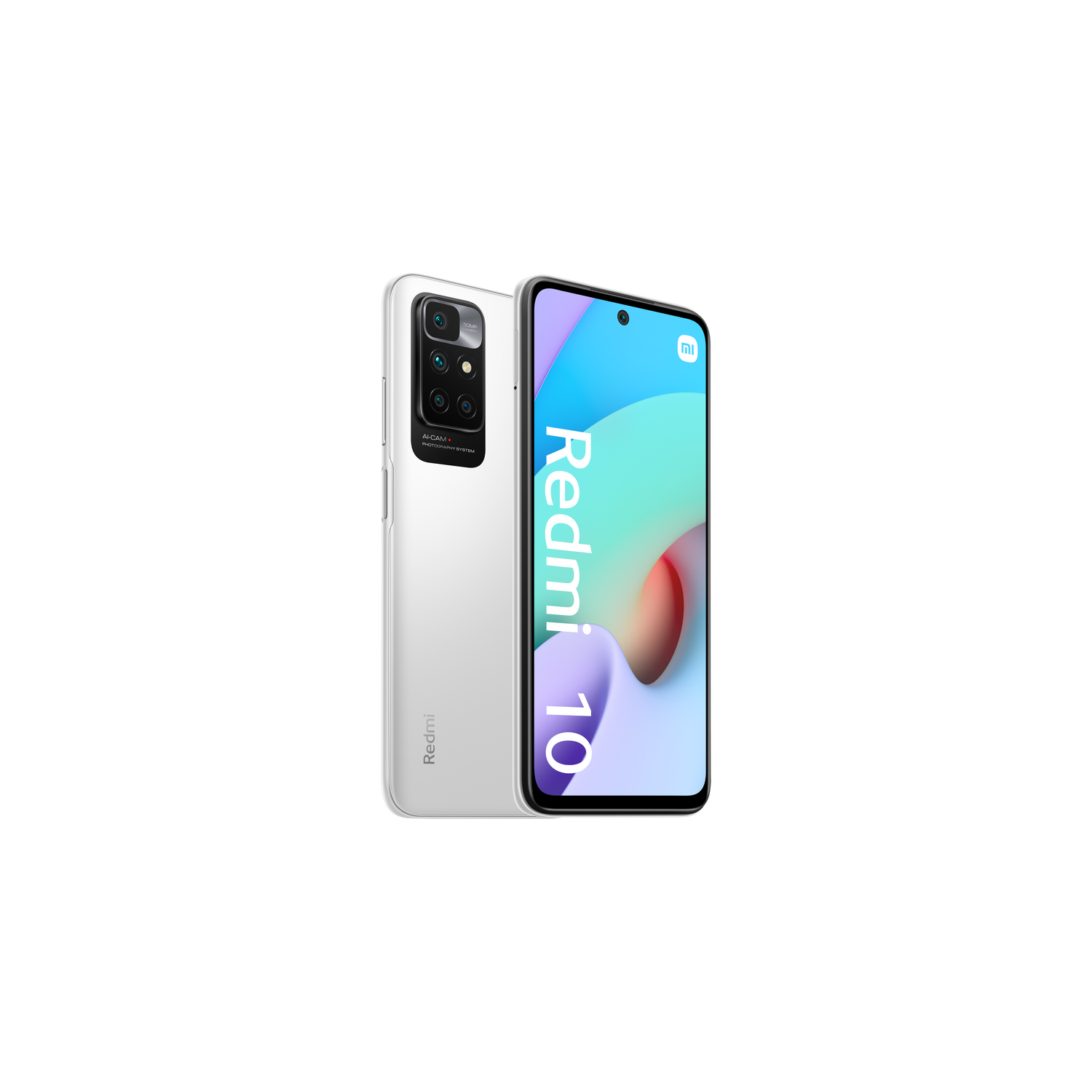 Teléfono Redmi 10 blanco, vista trasera y frontal, sobre fondo blanco.