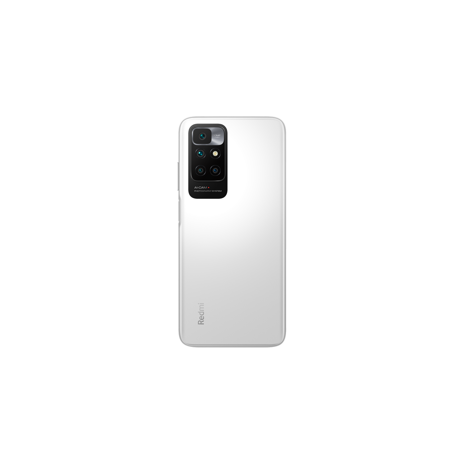 Vista trasera de un smartphone blanco con módulo de cámara sobre una superficie blanca.