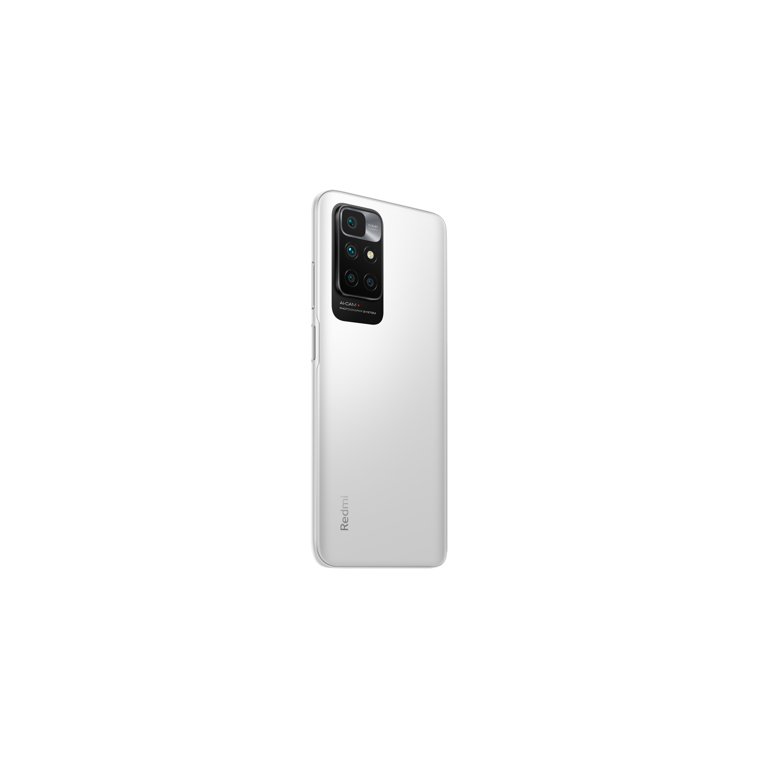 Smartphone blanco con una configuración de cámara trasera. Fondo blanco, vista clara.