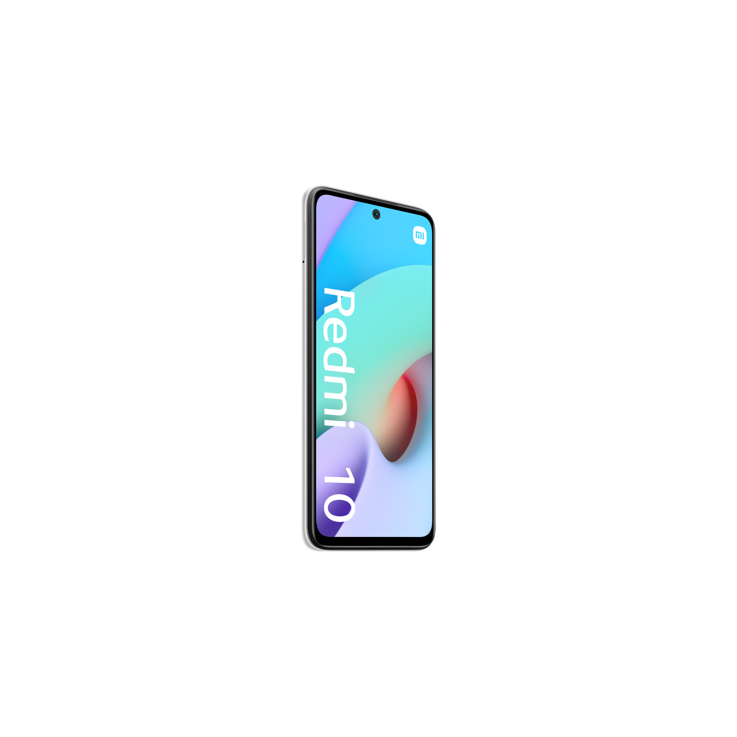 Teléfono Redmi 10, mostrado verticalmente, con fondo azul, verde y blanco.