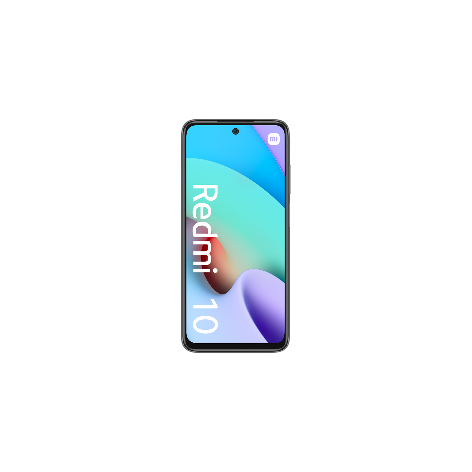Un teléfono inteligente Redmi 10. La pantalla muestra el texto Redmi 10 en blanco sobre un fondo colorido.