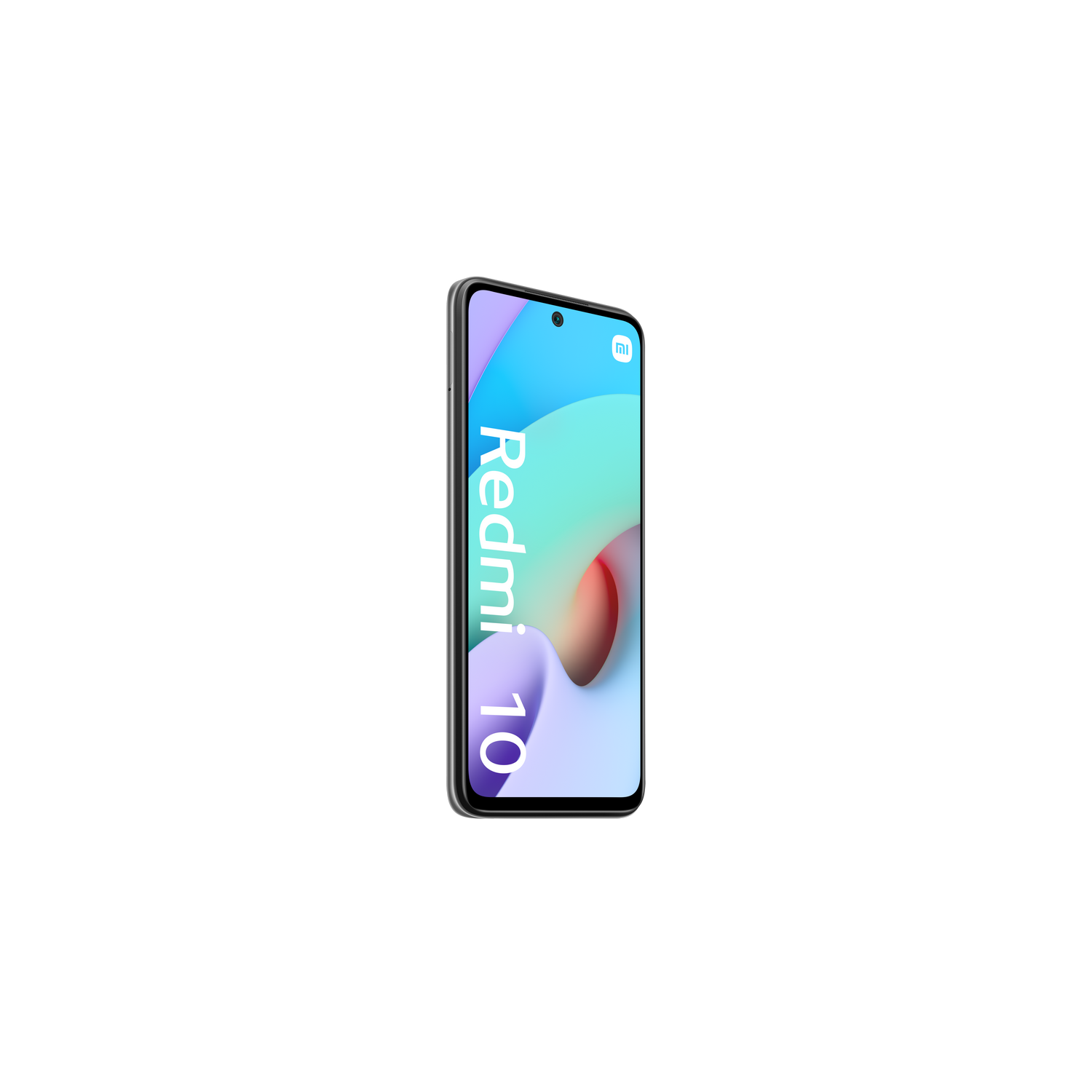 Un teléfono Redmi 10 sobre un fondo blanco, mostrando una pantalla colorida.