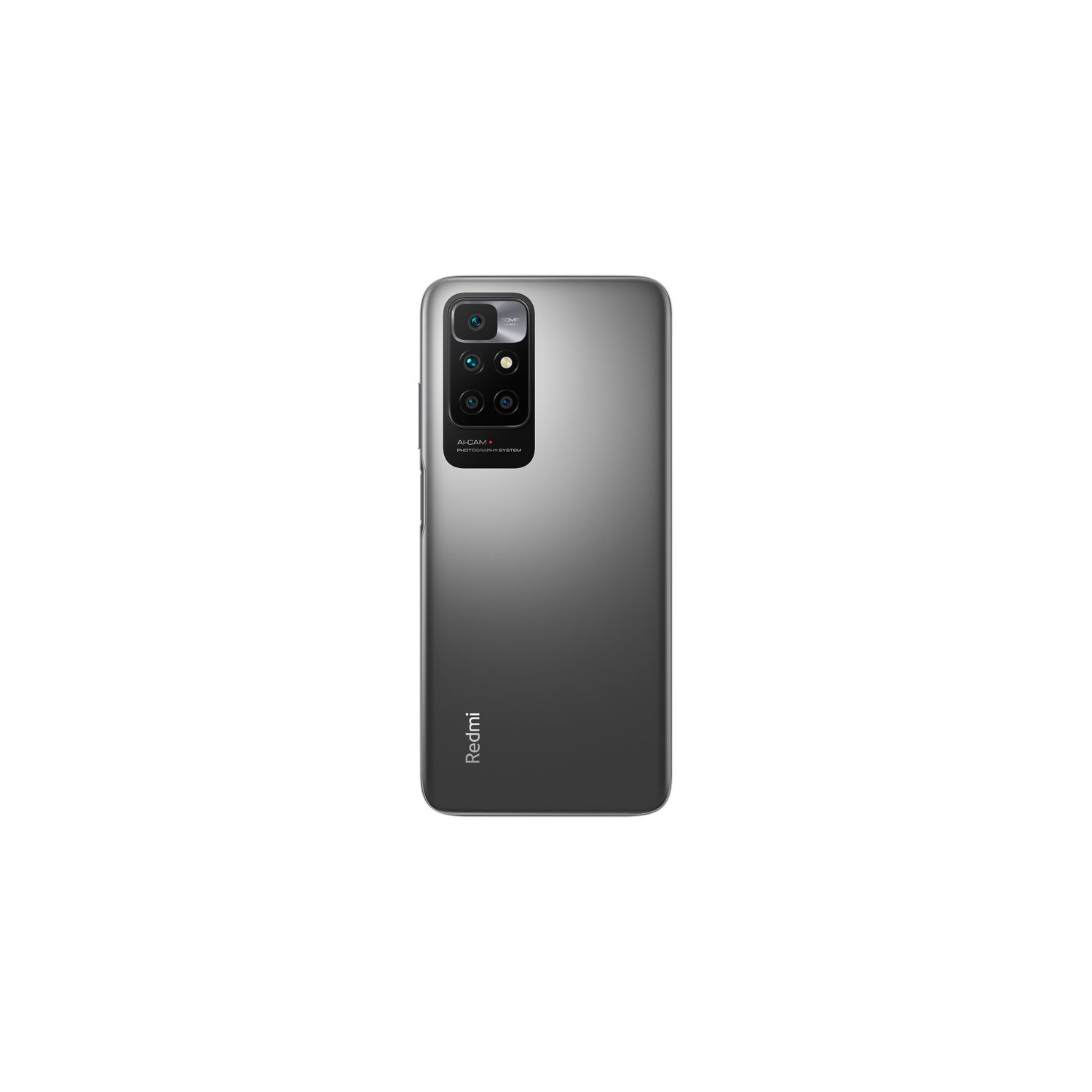 Parte trasera de un smartphone, color gris. Conjunto de cámaras en la parte superior. Logotipo de Redmi abajo.
