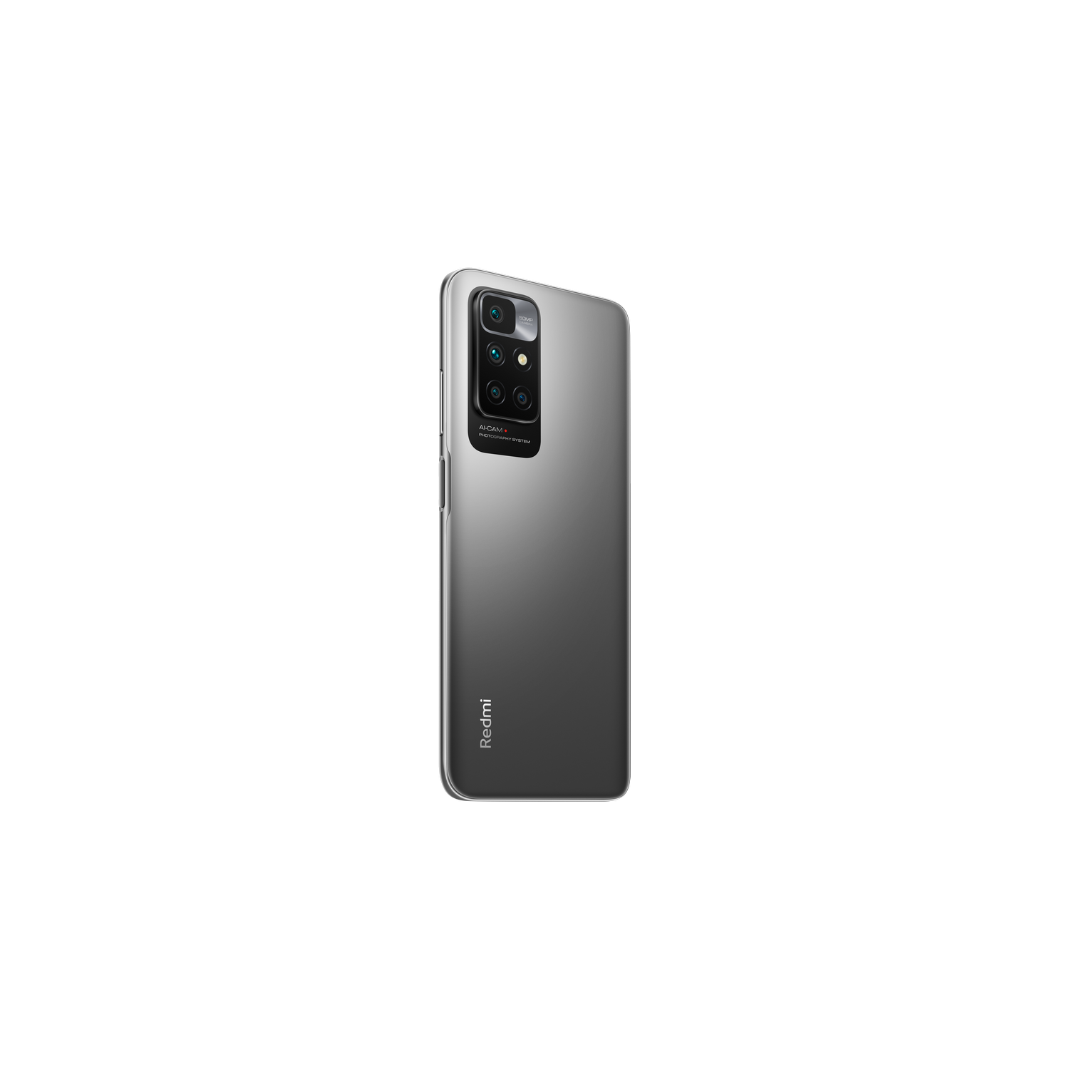 Smartphone gris. Vista trasera del teléfono con cámaras, logotipo Redmi. Alineación vertical en blanco.