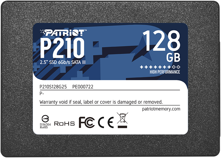 Patriot SSD címke: P210, 128 GB és egyéb részletek.