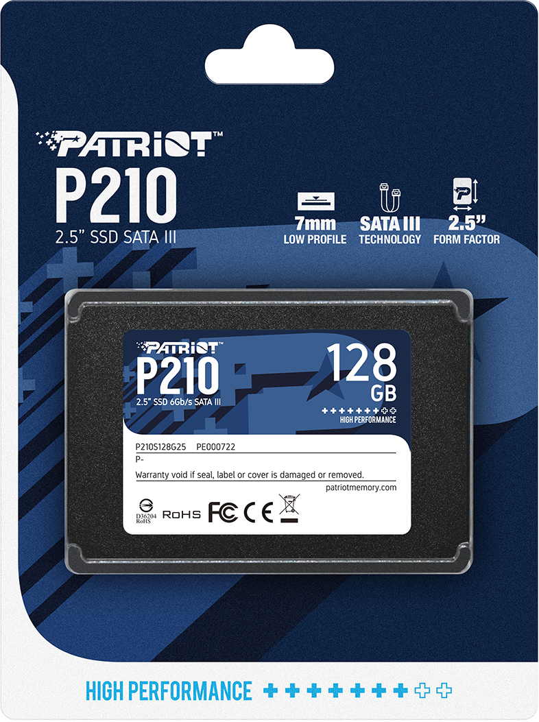 Egy Patriot P210 2,5" SSD csomagolásban. A csomagolás 128 GB-ot és SATA III-at jelez.